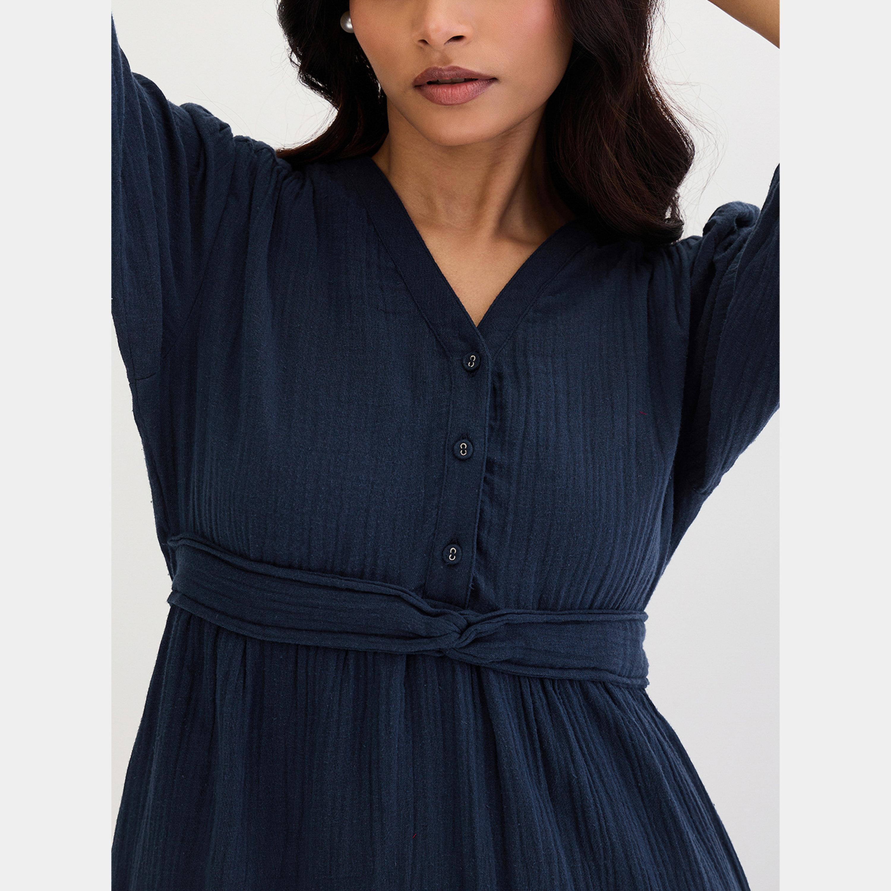 فستان ميدي قطني بتفصيلة عقدة أمامية-women-clothing-dresses-image-4