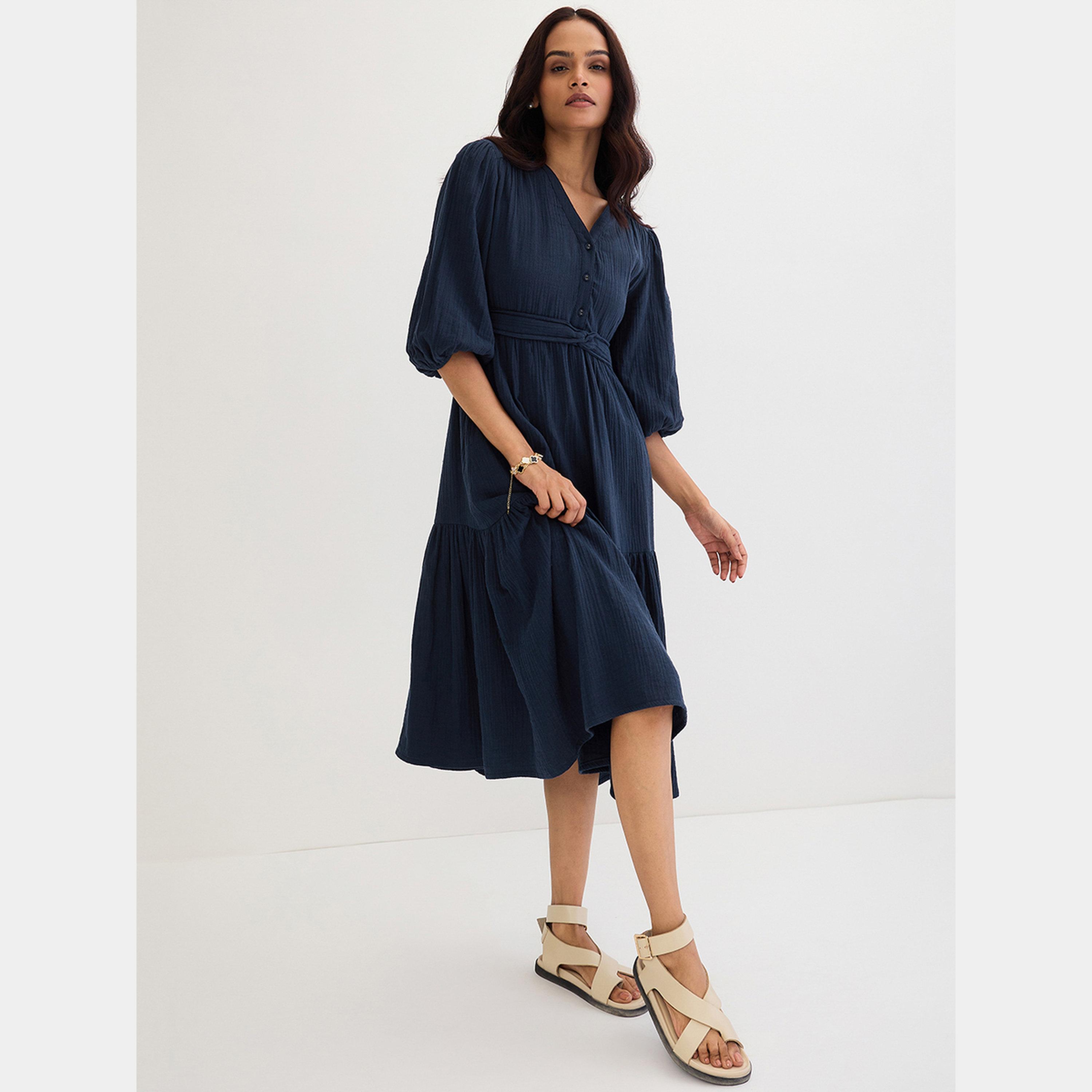 فستان ميدي قطني بتفصيلة عقدة أمامية-women-clothing-dresses-image-5