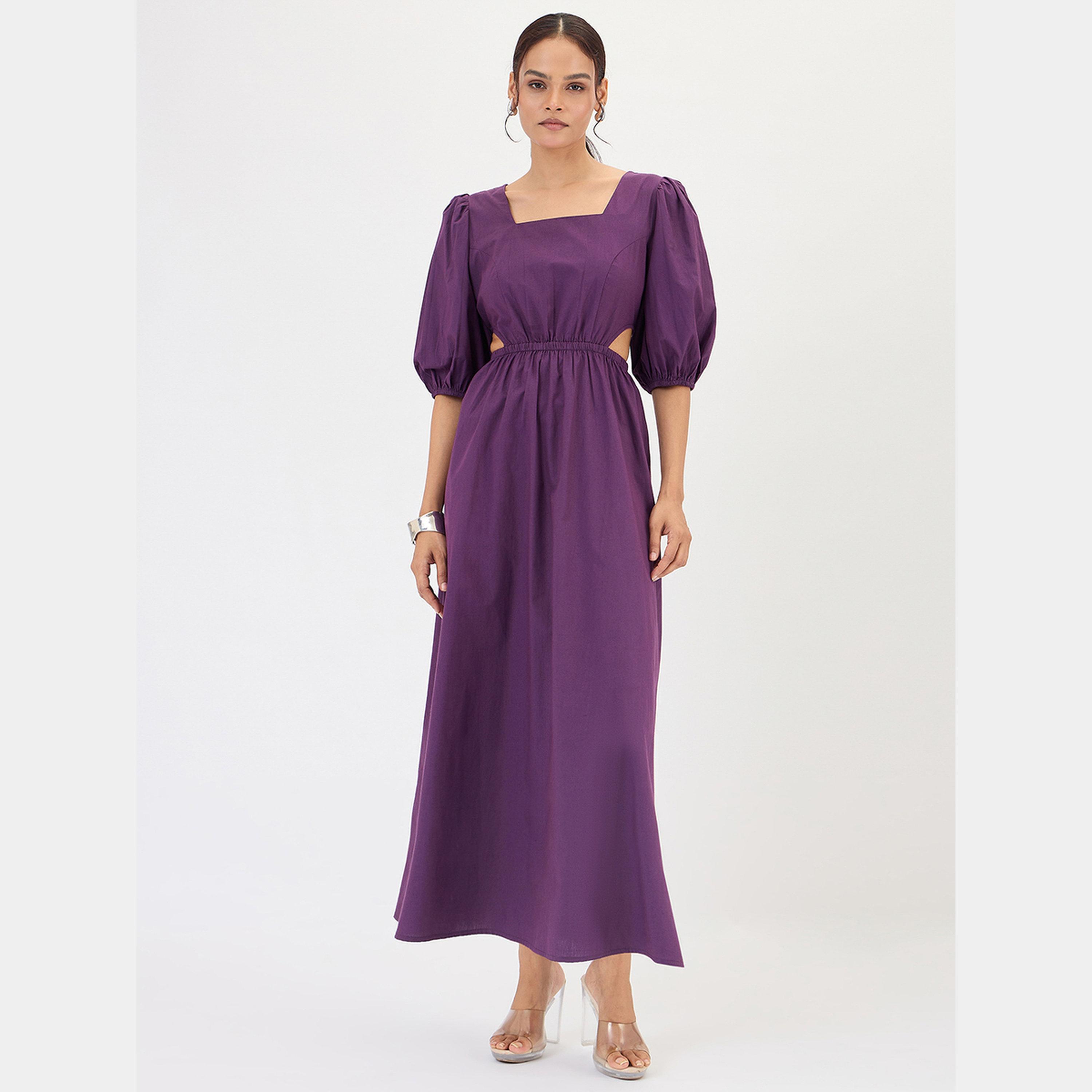 فيميلا - فستان ماكسي نسائي من قماش البوبلين البنفسجي الداكن برقبة مربعة وأكمام منتفخة-women-clothing-dresses-image-1