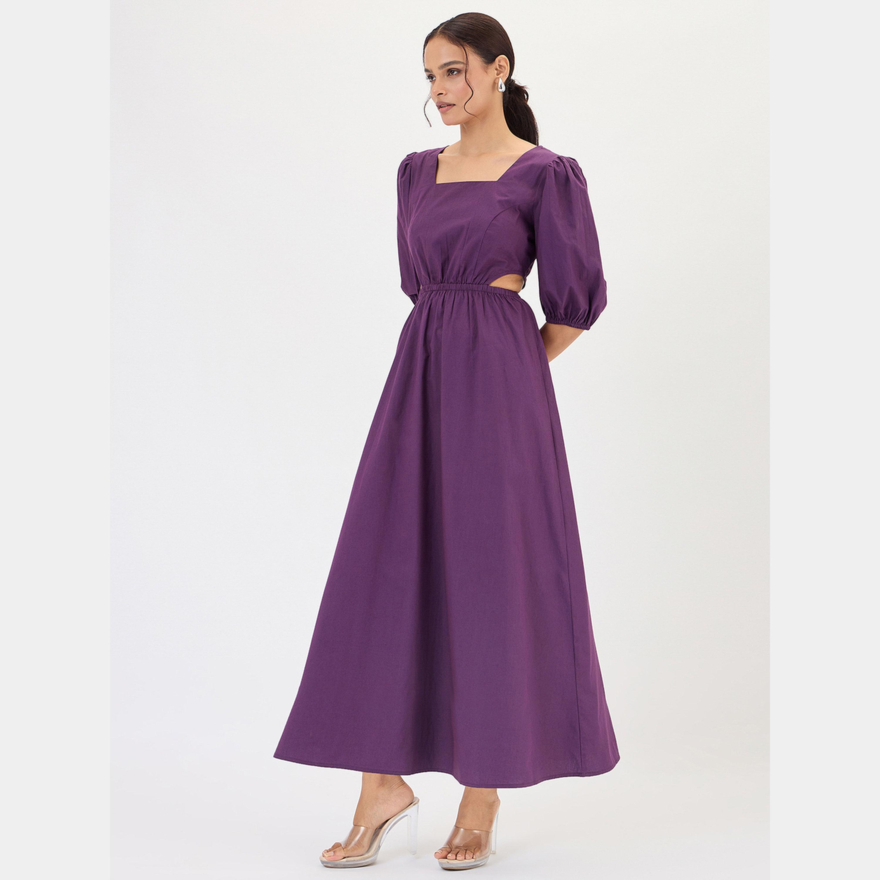 فيميلا - فستان ماكسي نسائي من قماش البوبلين البنفسجي الداكن برقبة مربعة وأكمام منتفخة-women-clothing-dresses-image-2