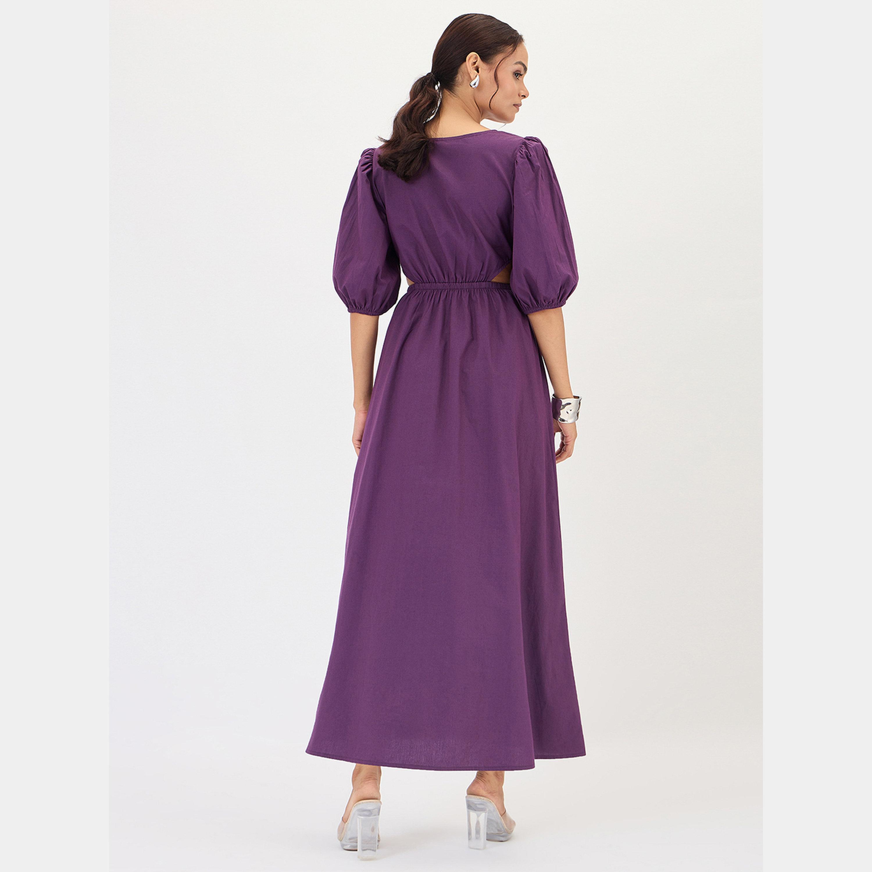 فيميلا - فستان ماكسي نسائي من قماش البوبلين البنفسجي الداكن برقبة مربعة وأكمام منتفخة-women-clothing-dresses-image-3