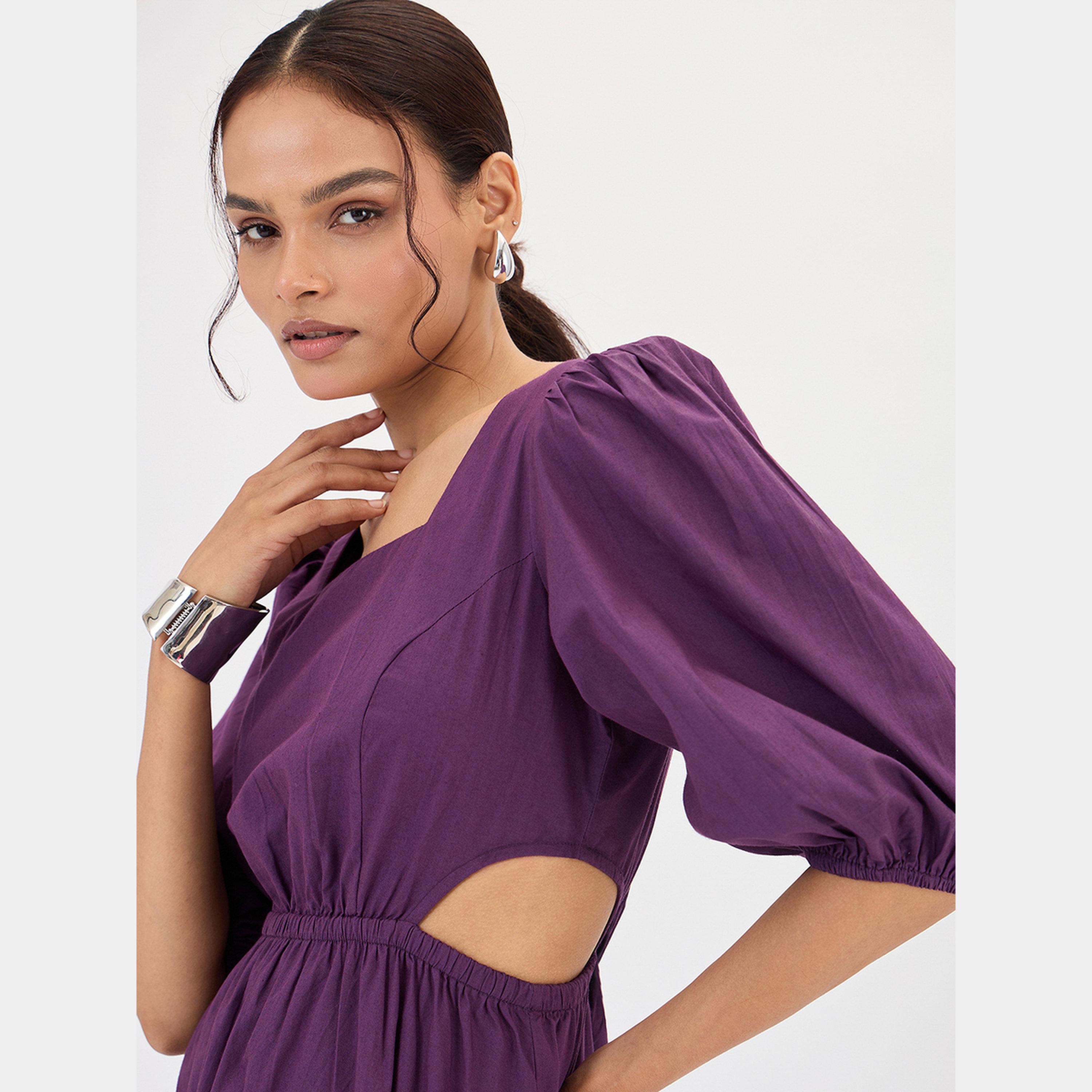 فيميلا - فستان ماكسي نسائي من قماش البوبلين البنفسجي الداكن برقبة مربعة وأكمام منتفخة-women-clothing-dresses-image-4
