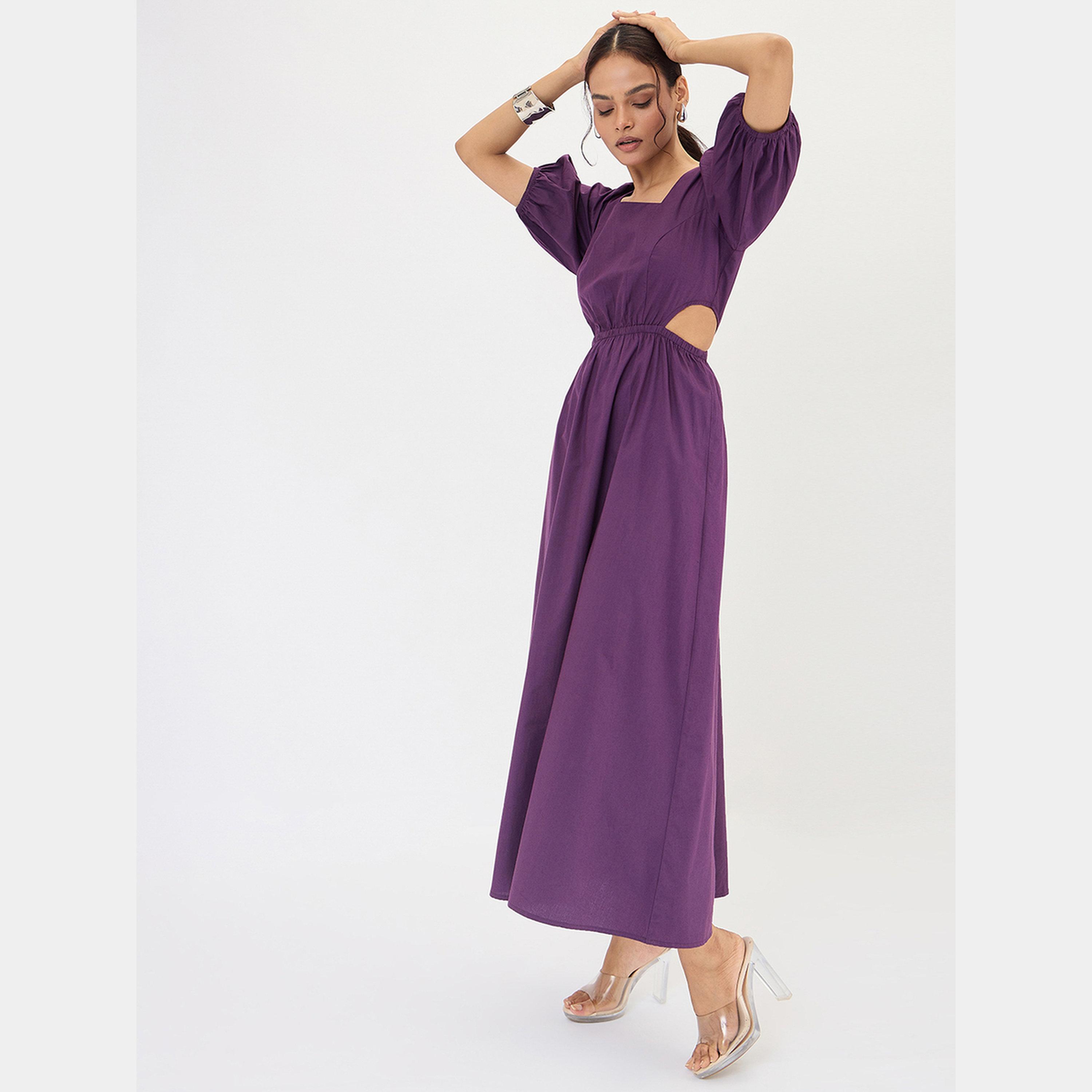 فيميلا - فستان ماكسي نسائي من قماش البوبلين البنفسجي الداكن برقبة مربعة وأكمام منتفخة-women-clothing-dresses-image-5
