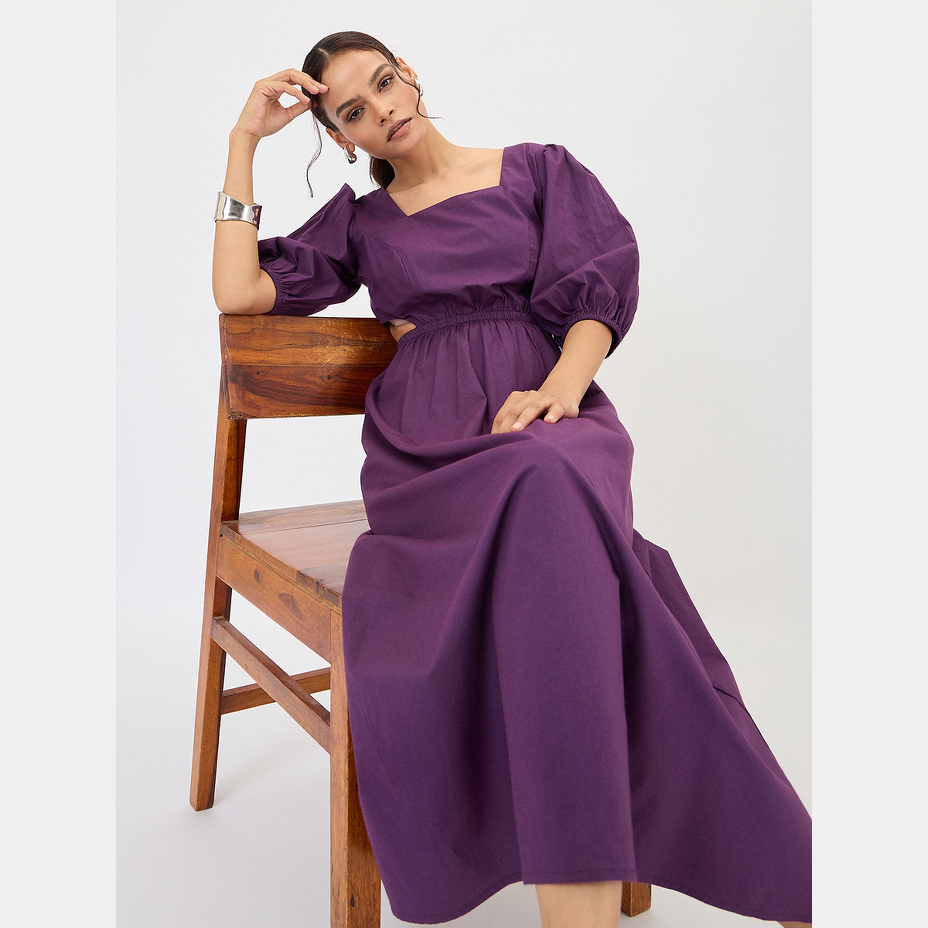 فيميلا - فستان ماكسي نسائي من قماش البوبلين البنفسجي الداكن برقبة مربعة وأكمام منتفخة-women-clothing-dresses-image-6