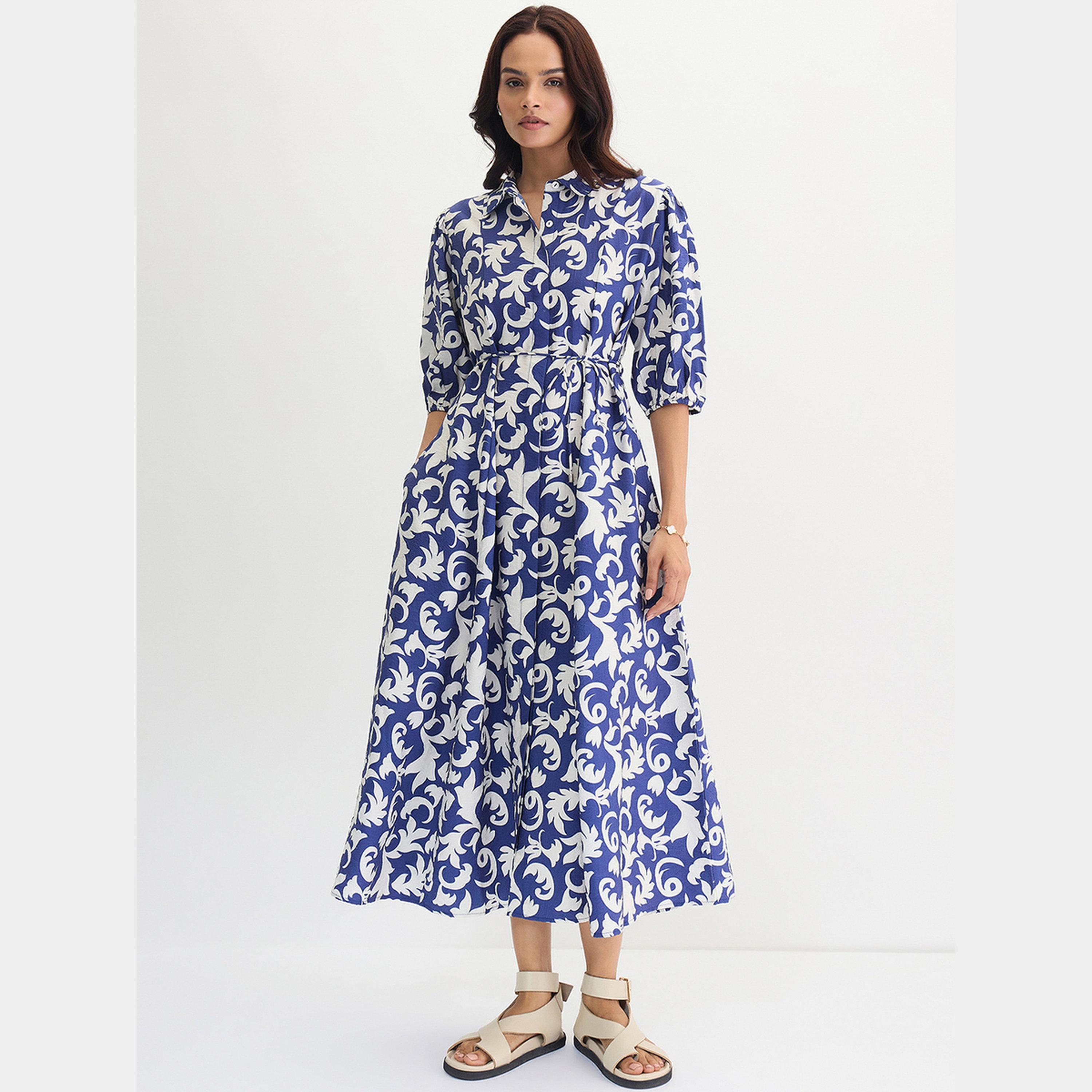 فستان ميدي بطبعة تجريدية وربطة خصر-women-clothing-dresses-image-1