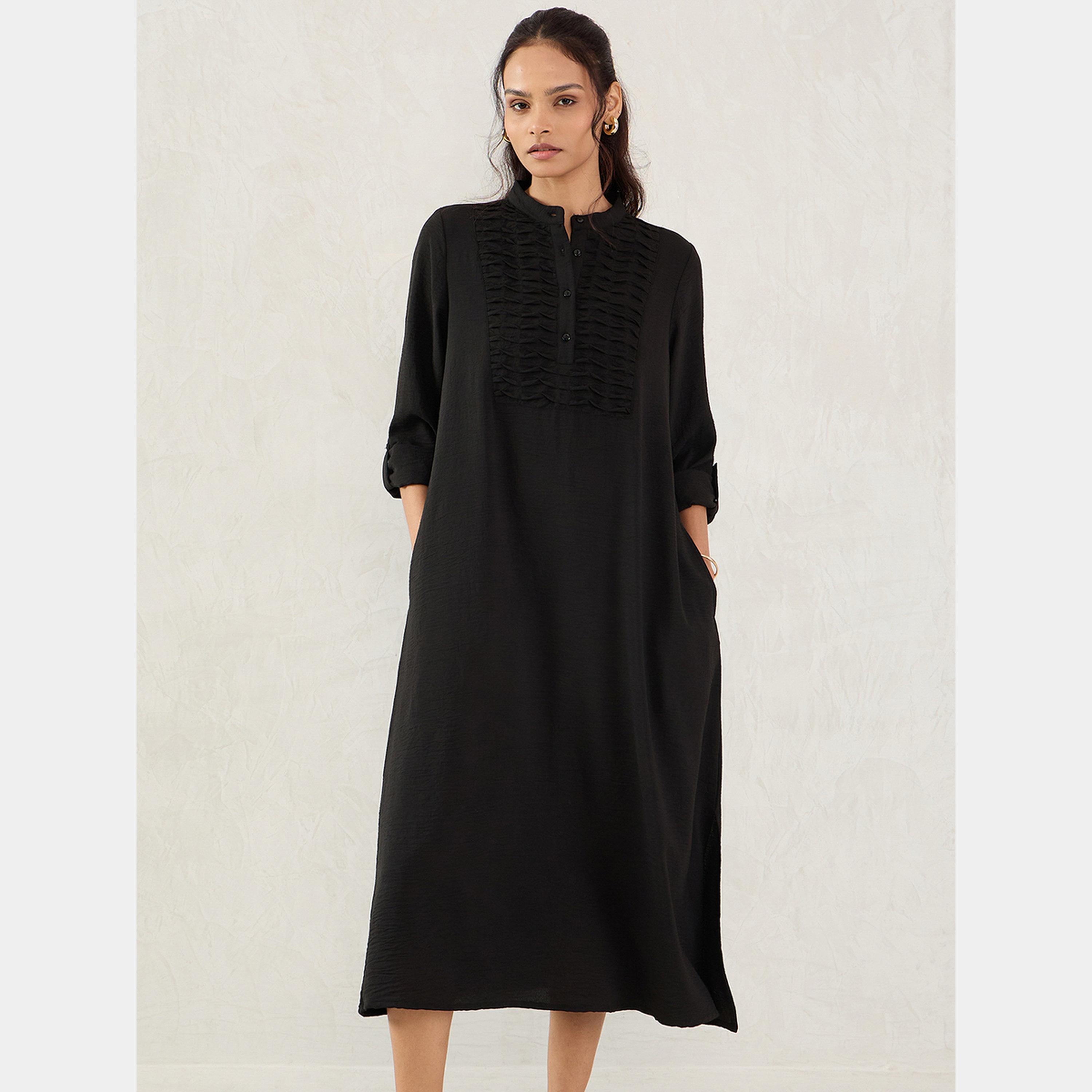 Femmella Black Textured Mandarin Collar 3/4 Sleeves Women's Buttoned Midi Dress-women-clothing-dresses-image-1
