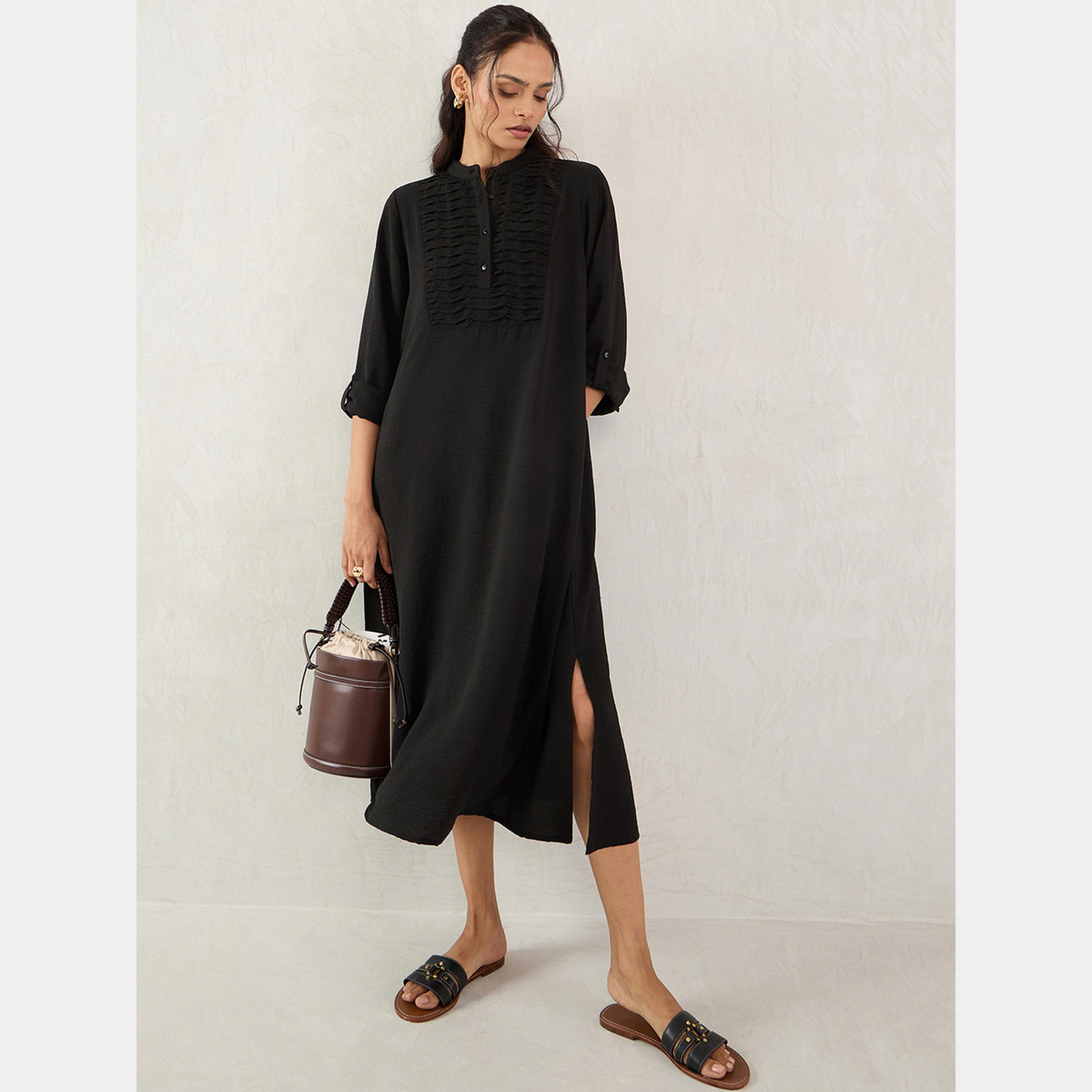 Femmella Black Textured Mandarin Collar 3/4 Sleeves Women's Buttoned Midi Dress-women-clothing-dresses-image-2