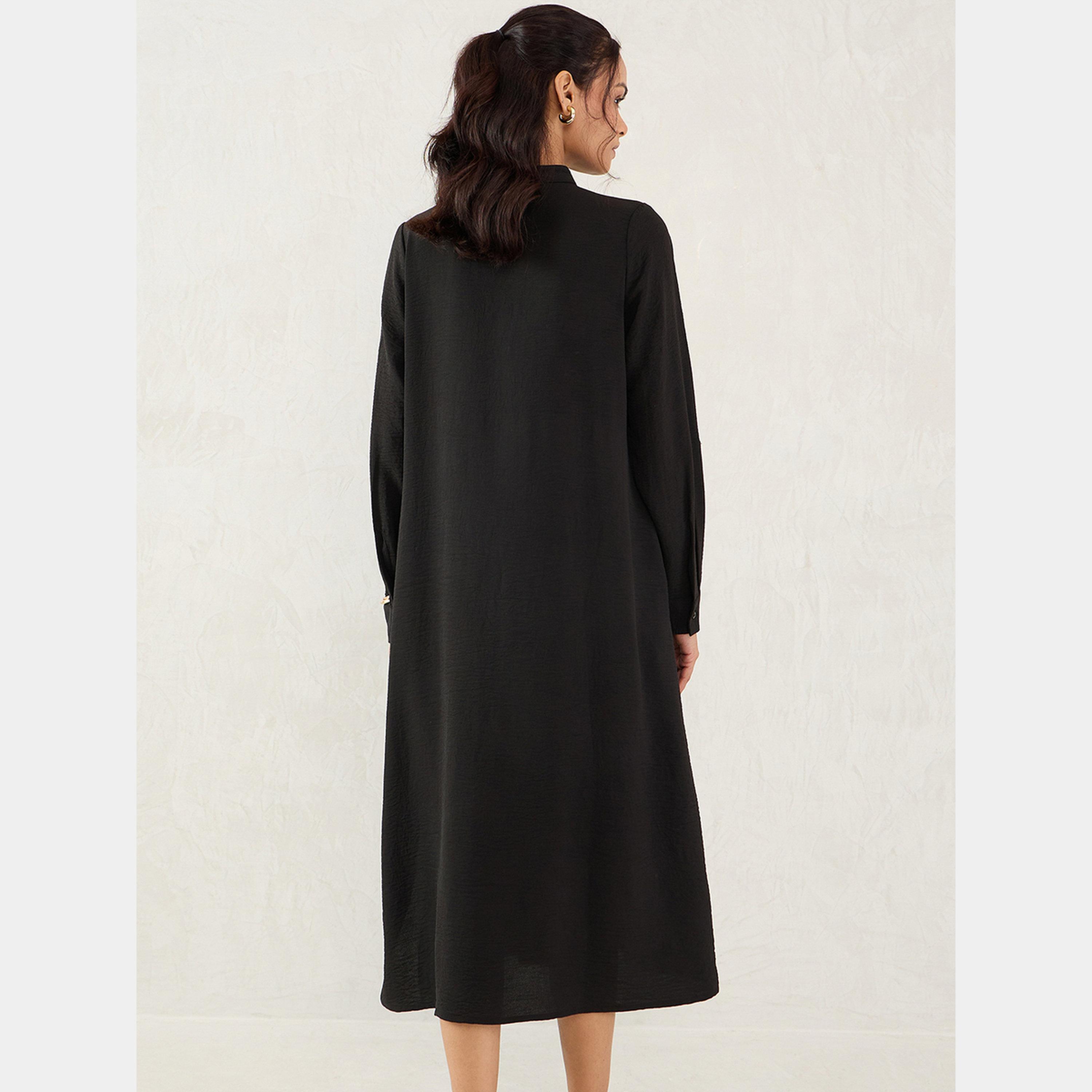 Femmella Black Textured Mandarin Collar 3/4 Sleeves Women's Buttoned Midi Dress-women-clothing-dresses-image-3