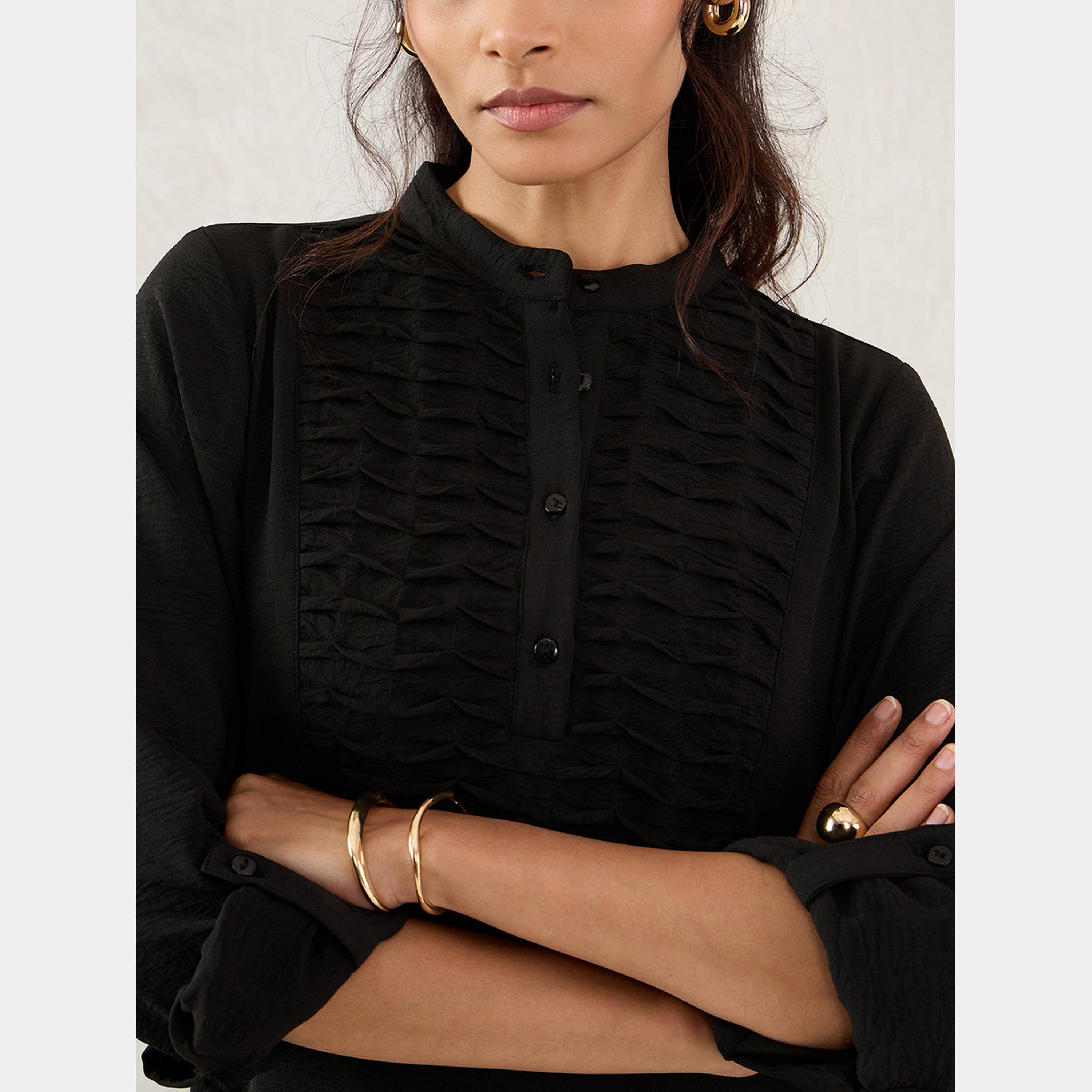 Femmella Black Textured Mandarin Collar 3/4 Sleeves Women's Buttoned Midi Dress-women-clothing-dresses-image-4