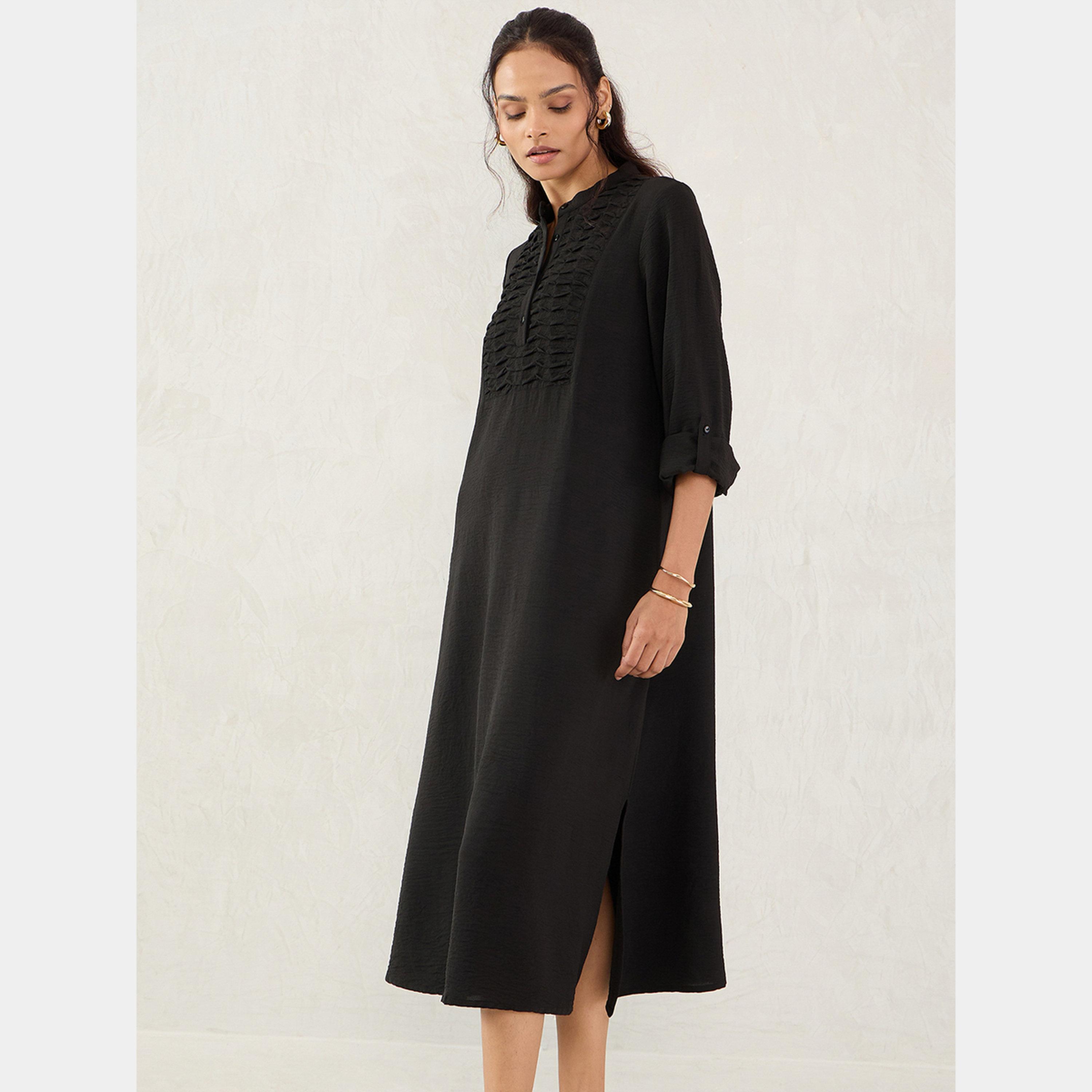 Femmella Black Textured Mandarin Collar 3/4 Sleeves Women's Buttoned Midi Dress-women-clothing-dresses-image-5