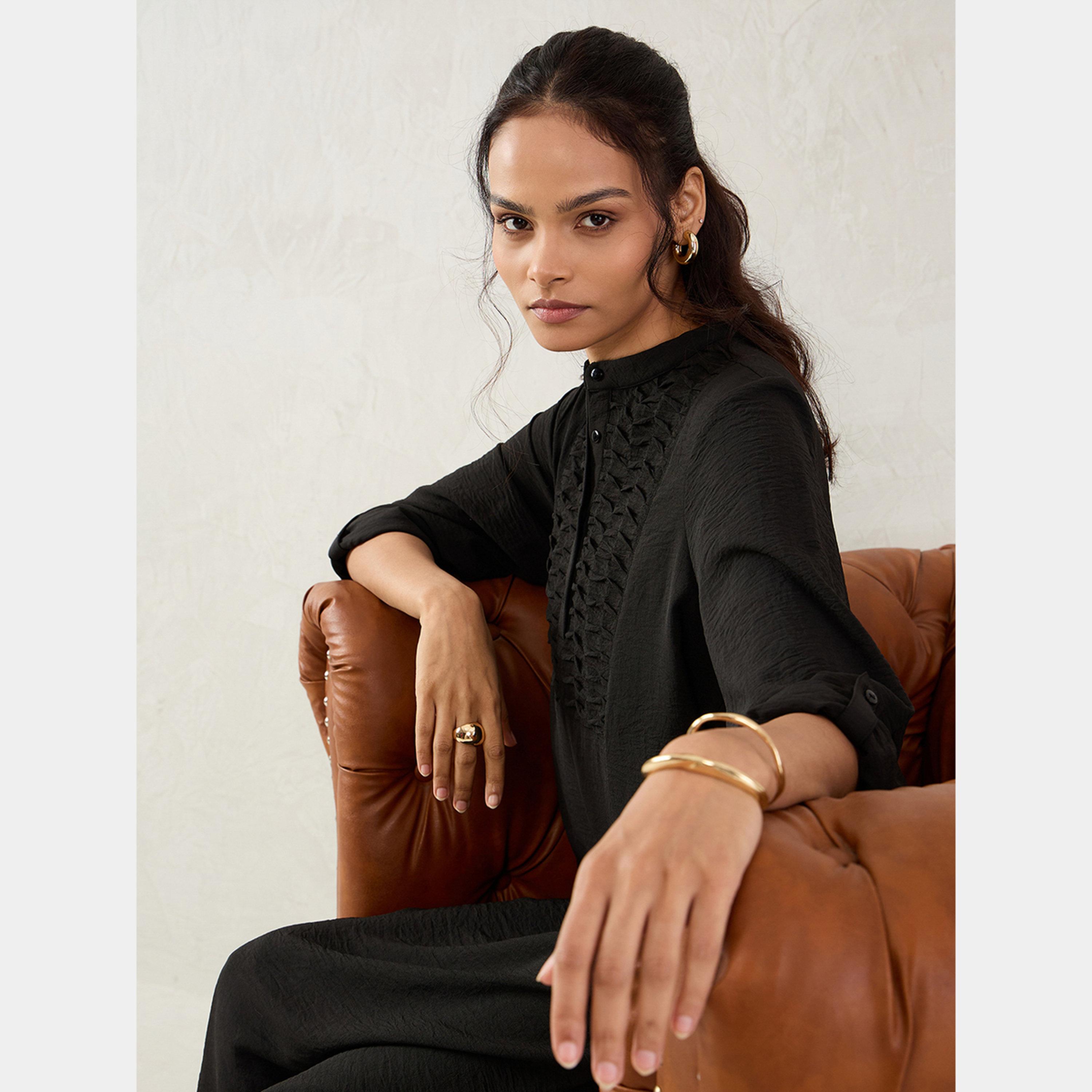 Femmella Black Textured Mandarin Collar 3/4 Sleeves Women's Buttoned Midi Dress-women-clothing-dresses-image-6