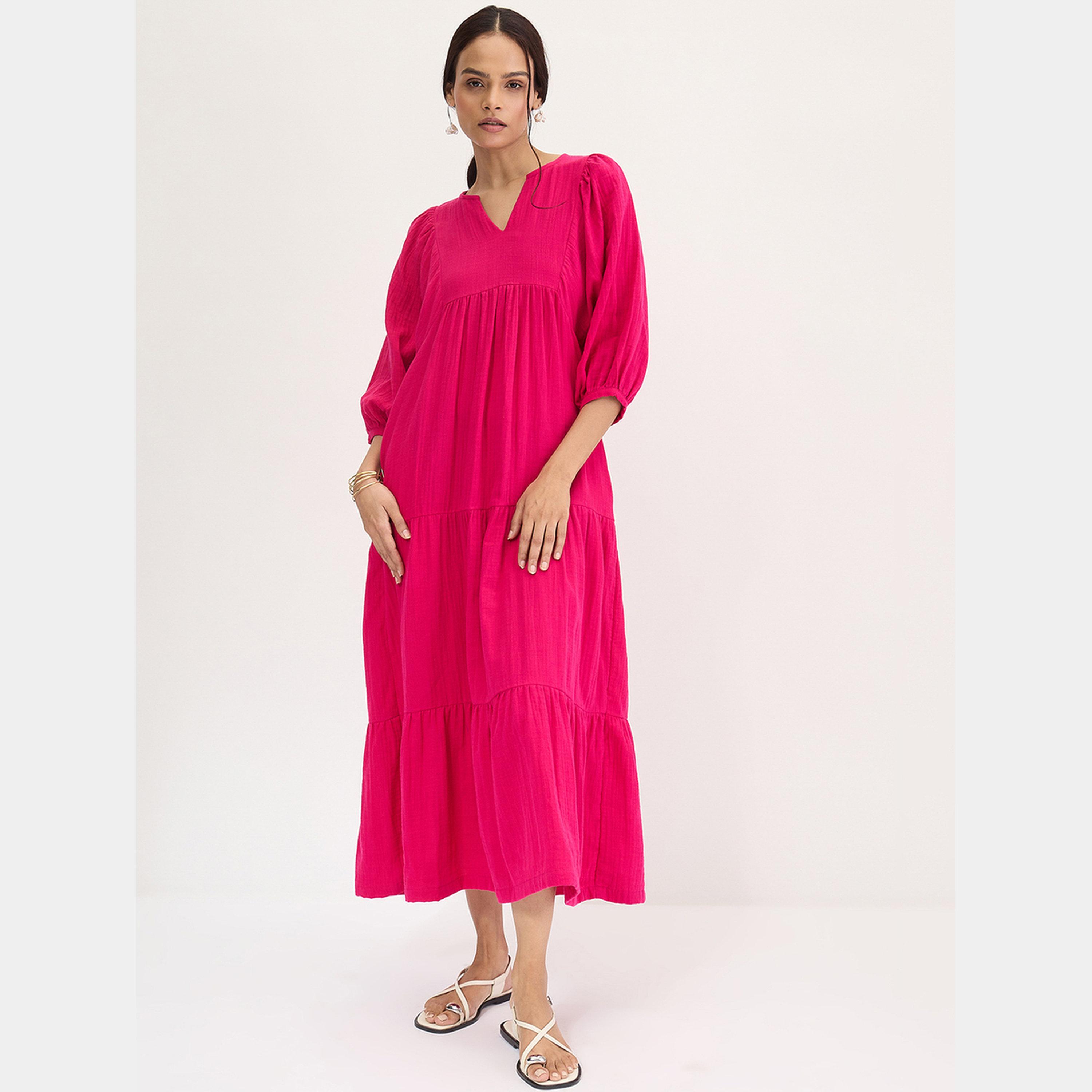 Femmella Hot Pink Solid V-Neck Bishop Sleeves Cotton Women's Tiered Maxi Dress-women-clothing-dresses-image-1