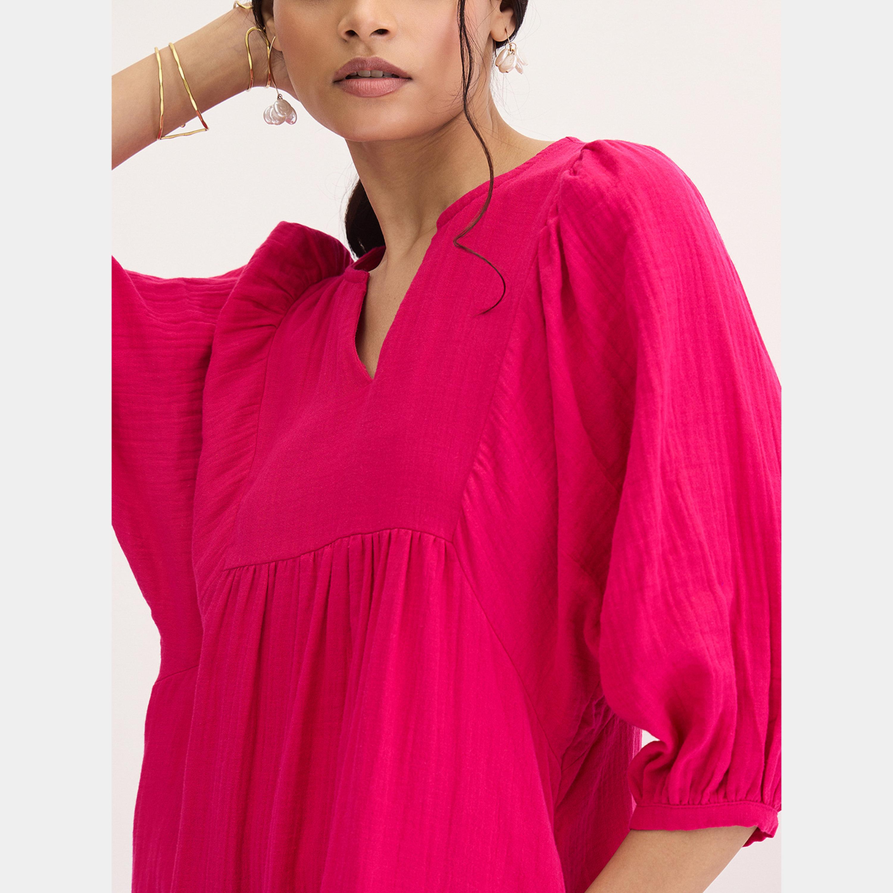 فيميلا - فستان ماكسي نسائي من القطن بأكمام بيشوب رقبة حرف V لون وردي-women-clothing-dresses-image-4