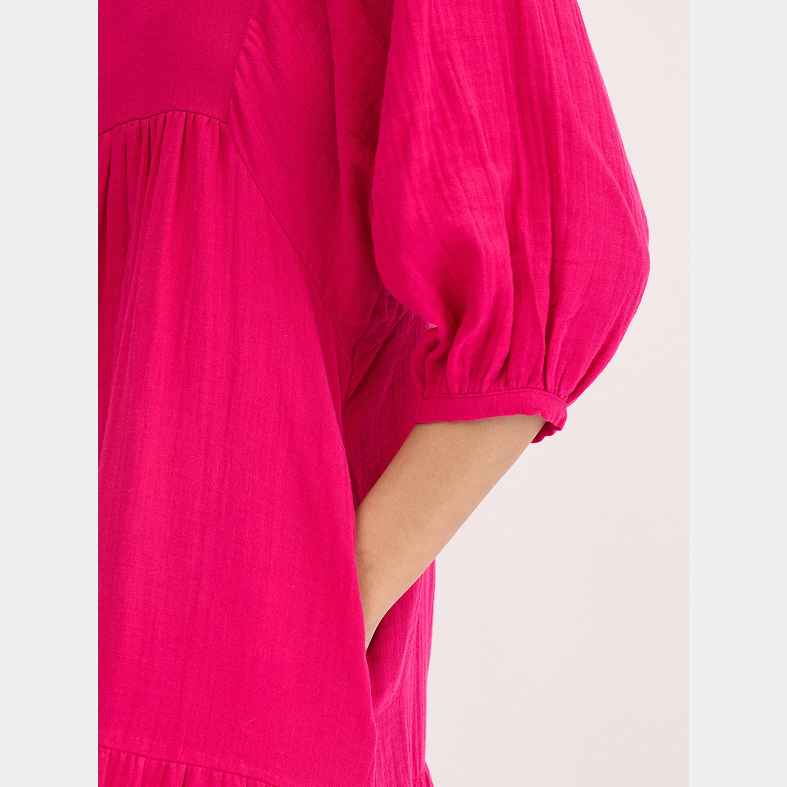 Femmella Hot Pink Solid V-Neck Bishop Sleeves Cotton Women's Tiered Maxi Dress-women-clothing-dresses-image-5