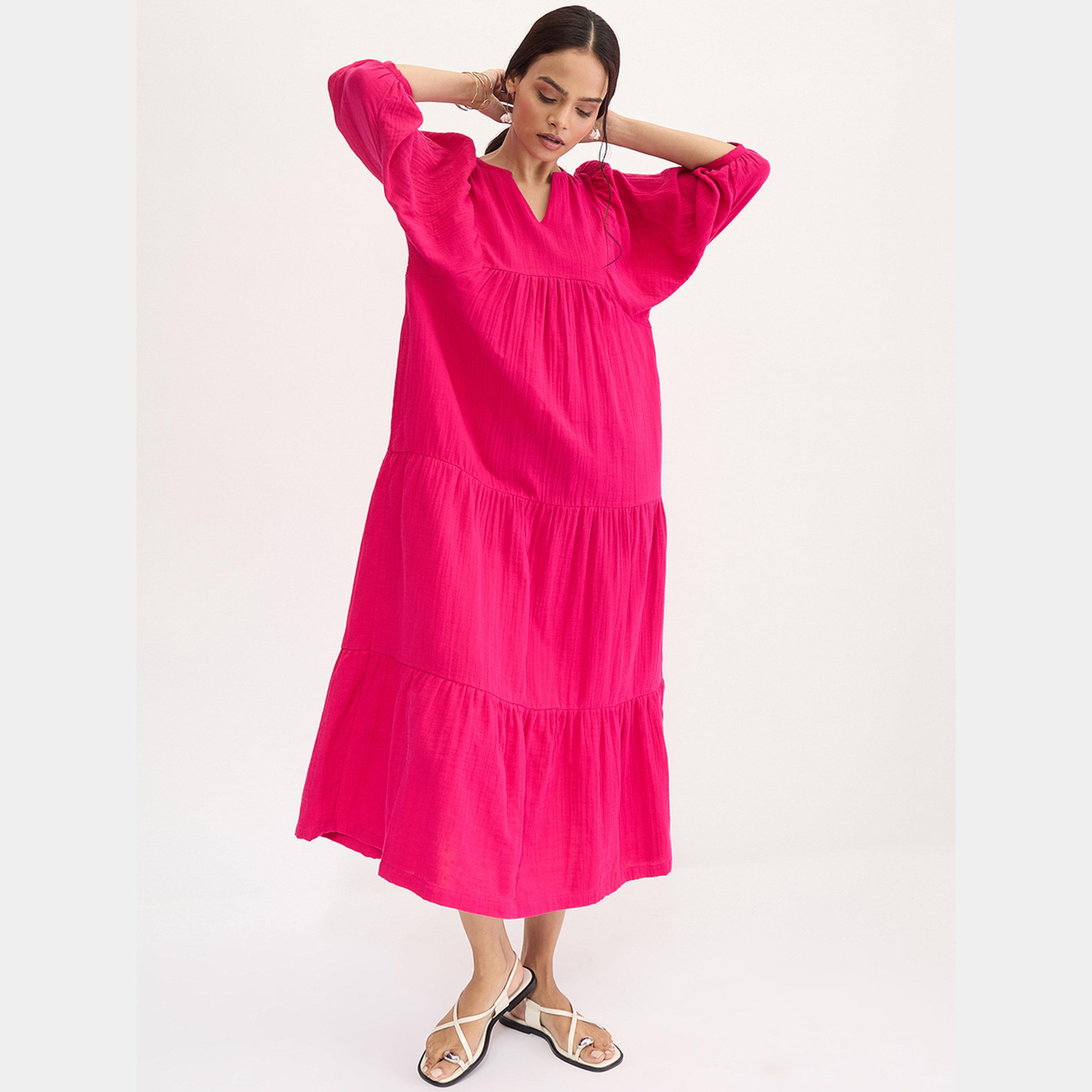 فيميلا - فستان ماكسي نسائي من القطن بأكمام بيشوب رقبة حرف V لون وردي-women-clothing-dresses-image-6