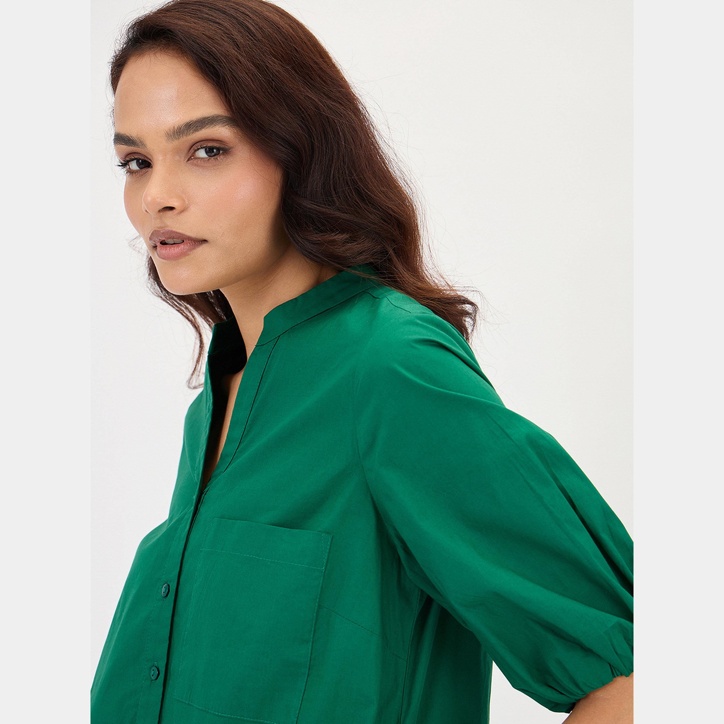 فيميلا - فستان نسائي بوبلين قصير الأكمام لون أخضر بأزرار من قماش الماندرين بطول الركبة-women-clothing-dresses-image-4
