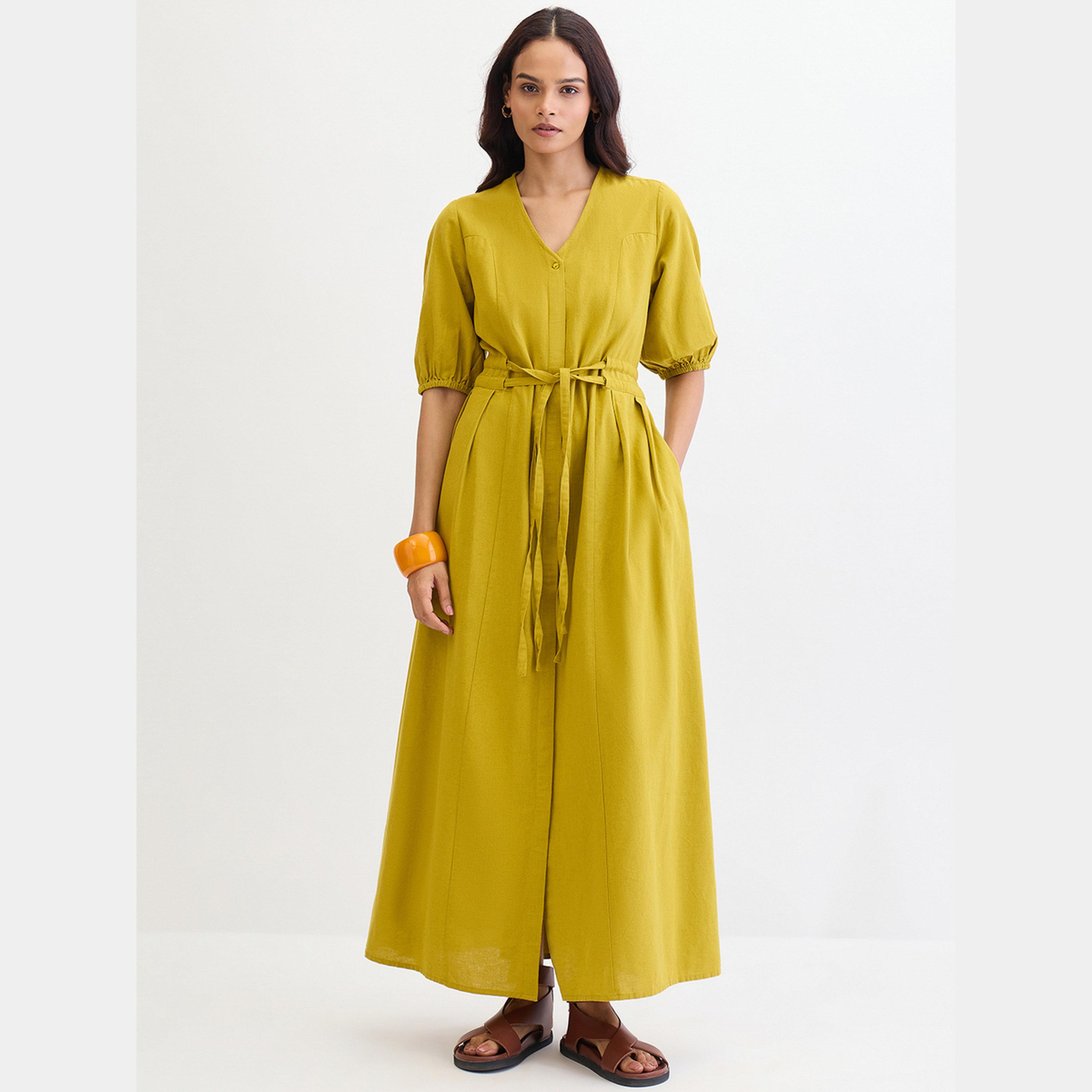 Femmella Citrine Green Cotton Linen V-Neck Puff Sleeves Women's Tie-Waist Maxi Dress-women-clothing-dresses-image-1