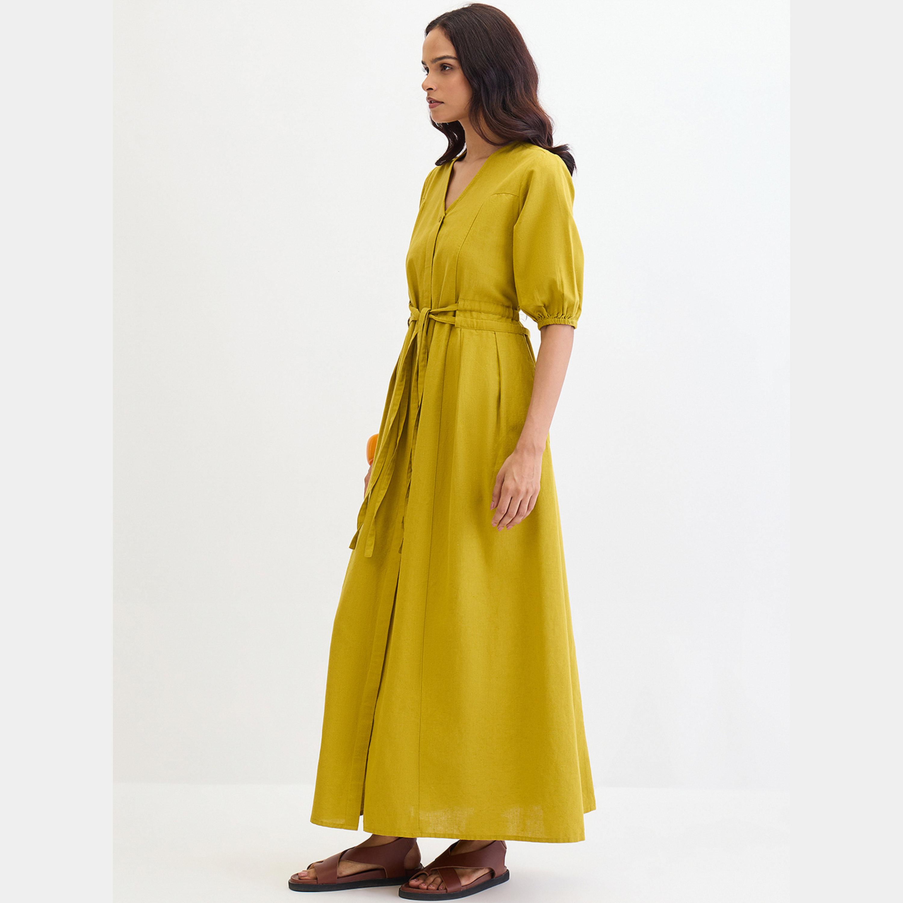Femmella Citrine Green Cotton Linen V-Neck Puff Sleeves Women's Tie-Waist Maxi Dress-women-clothing-dresses-image-2
