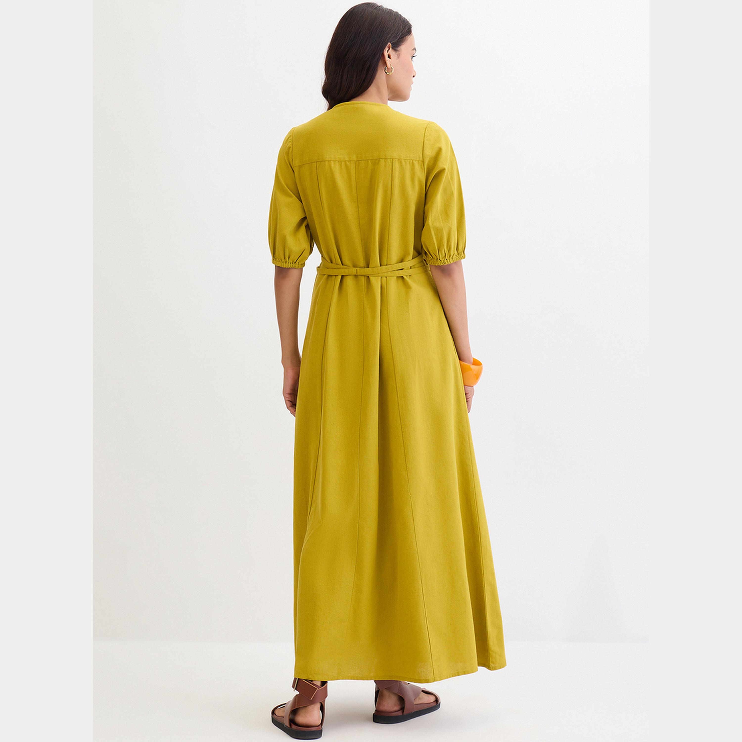 Femmella Citrine Green Cotton Linen V-Neck Puff Sleeves Women's Tie-Waist Maxi Dress-women-clothing-dresses-image-3