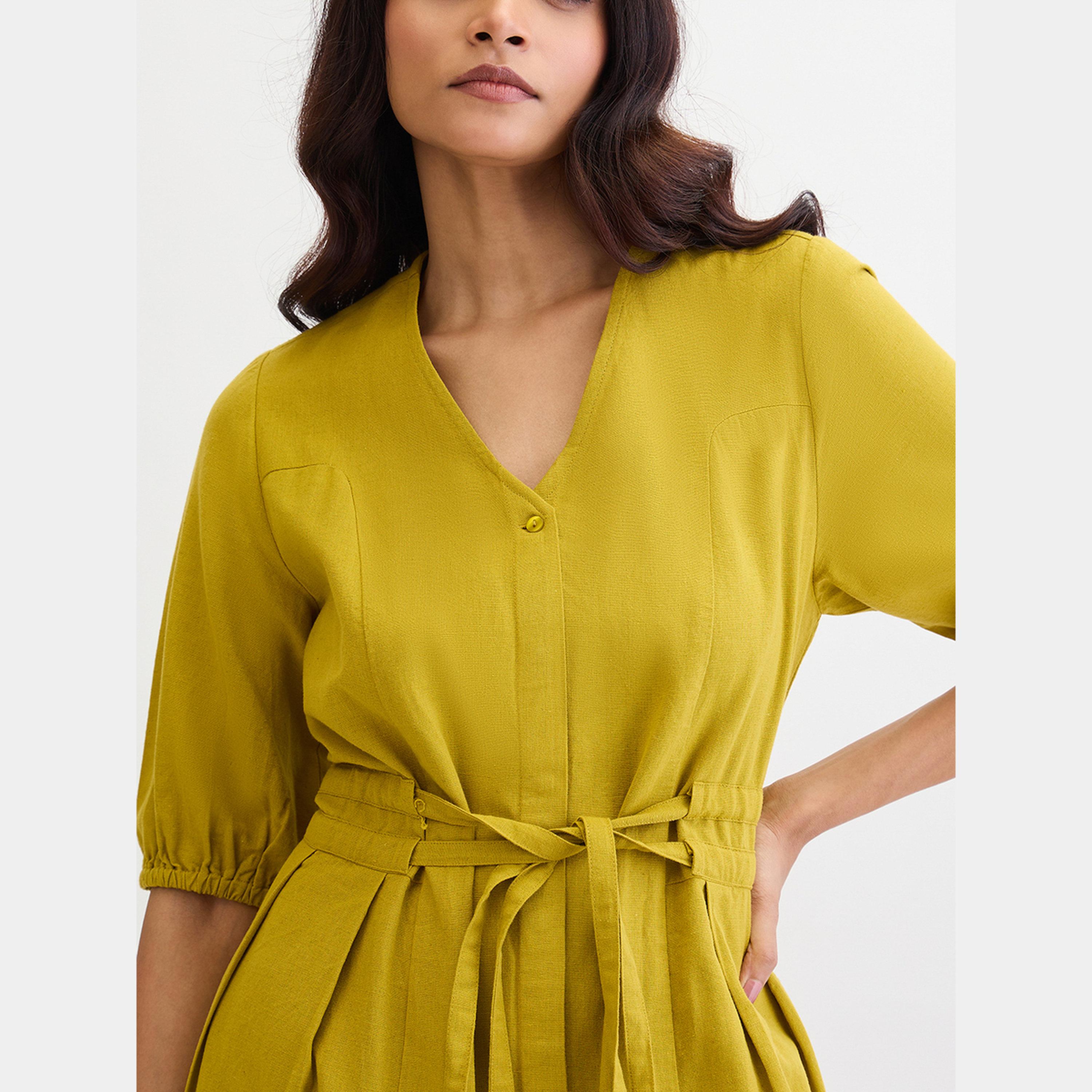 Femmella Citrine Green Cotton Linen V-Neck Puff Sleeves Women's Tie-Waist Maxi Dress-women-clothing-dresses-image-4