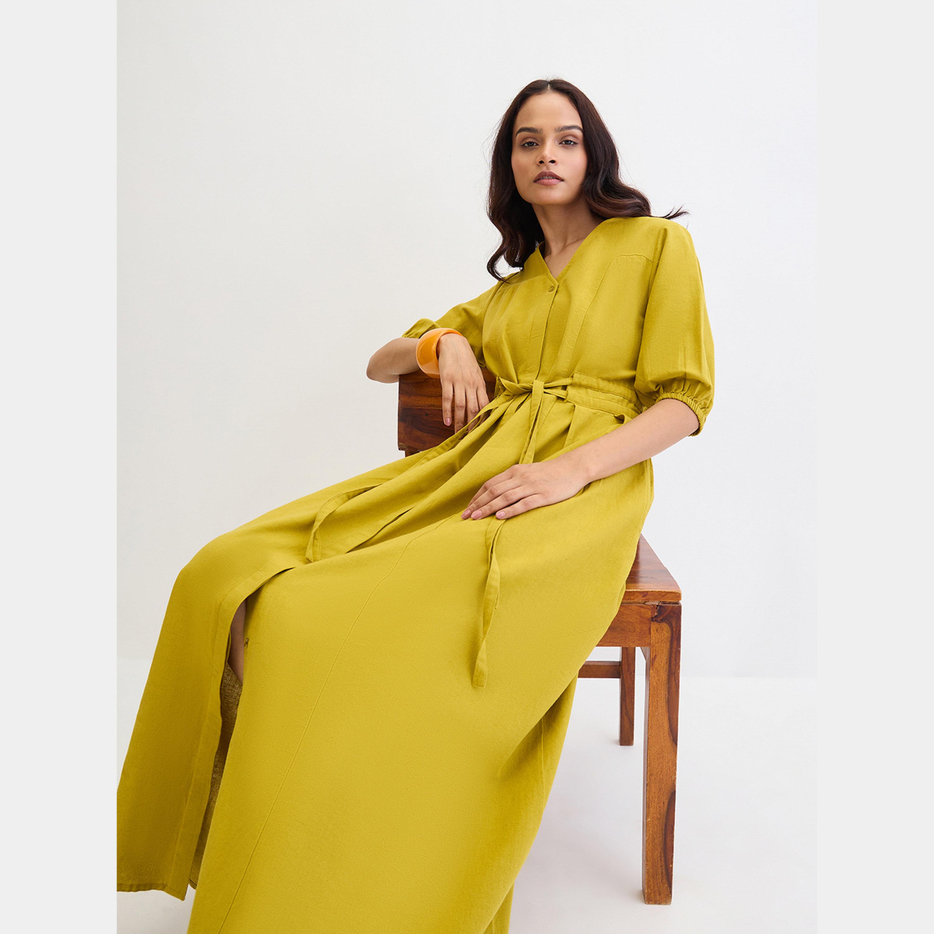 Femmella Citrine Green Cotton Linen V-Neck Puff Sleeves Women's Tie-Waist Maxi Dress-women-clothing-dresses-image-6