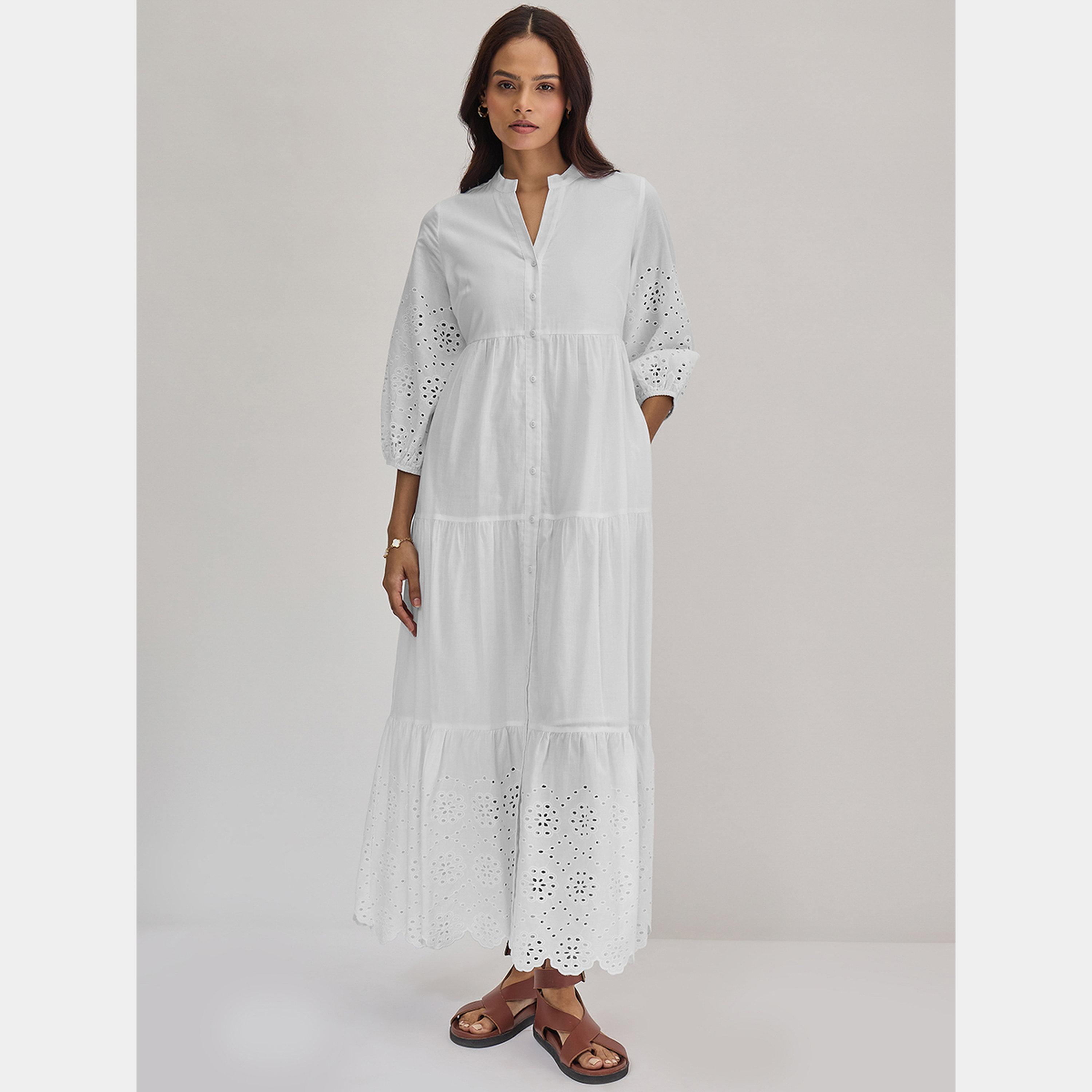 Femmella White Button Detail Mandarin Neck Cotton Schiffli Women's Tiered Maxi Dress-women-clothing-dresses-image-1