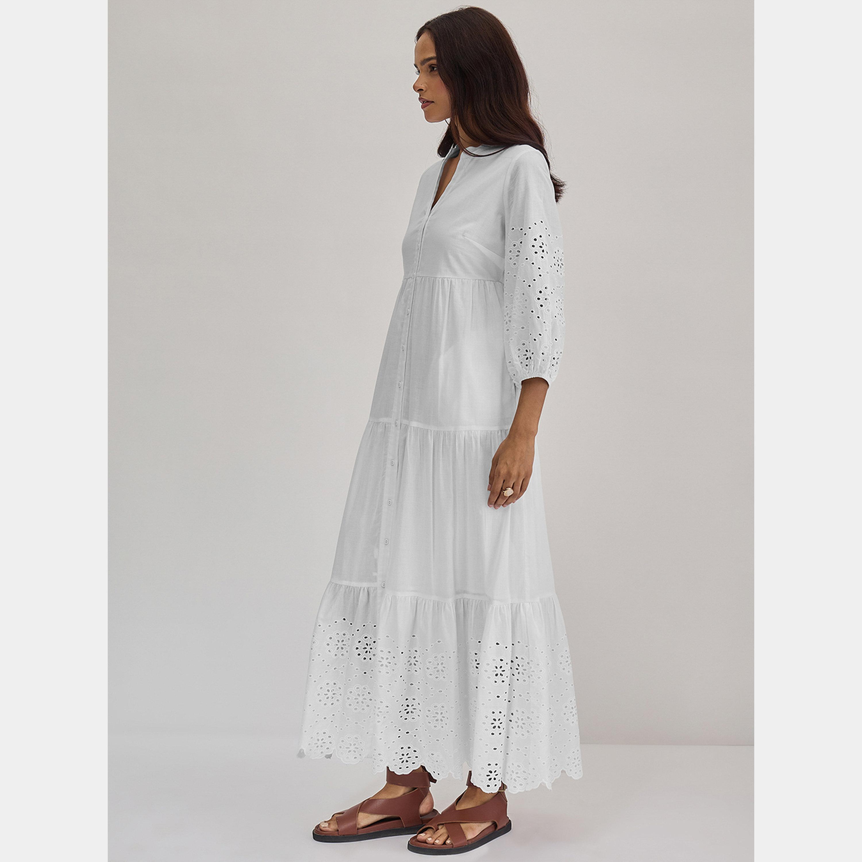 Femmella White Button Detail Mandarin Neck Cotton Schiffli Women's Tiered Maxi Dress-women-clothing-dresses-image-2