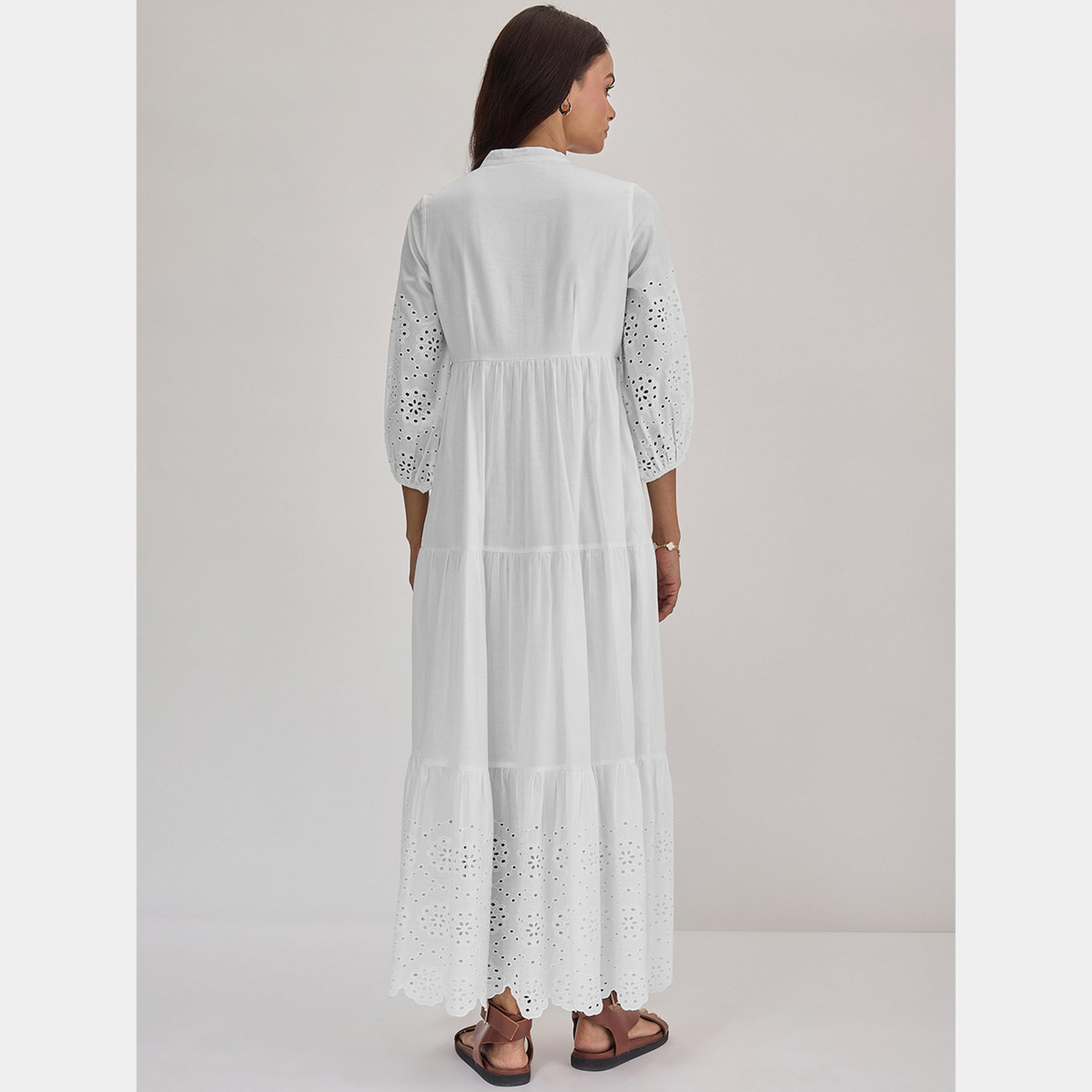 Femmella White Button Detail Mandarin Neck Cotton Schiffli Women's Tiered Maxi Dress-women-clothing-dresses-image-3