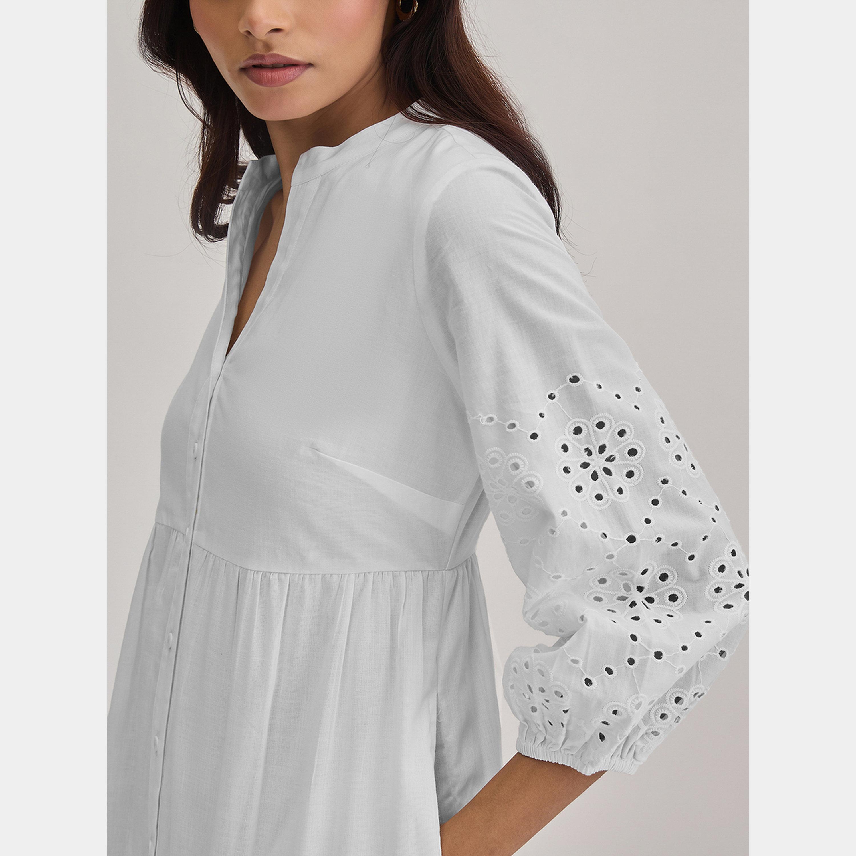 Femmella White Button Detail Mandarin Neck Cotton Schiffli Women's Tiered Maxi Dress-women-clothing-dresses-image-4