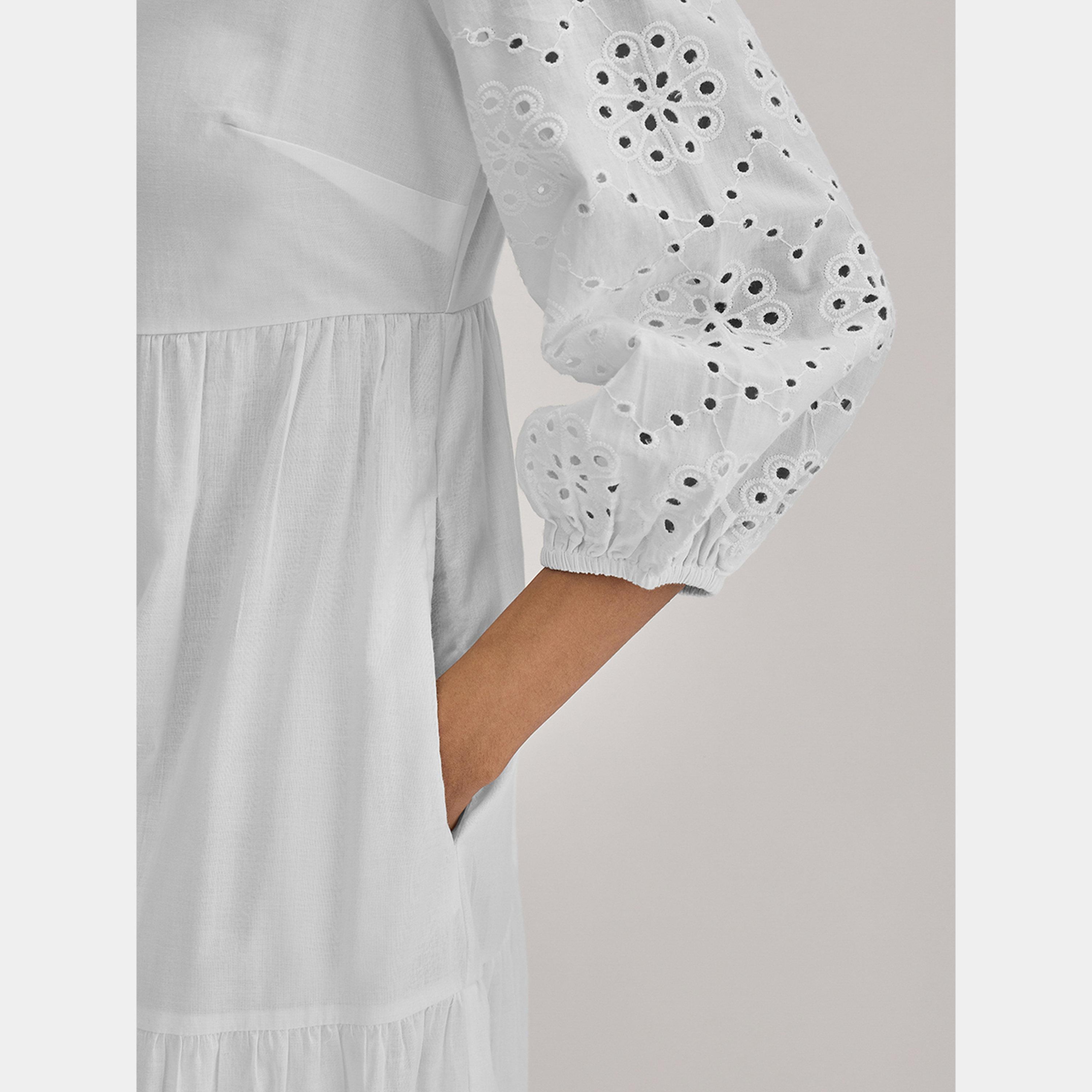 Femmella White Button Detail Mandarin Neck Cotton Schiffli Women's Tiered Maxi Dress-women-clothing-dresses-image-5