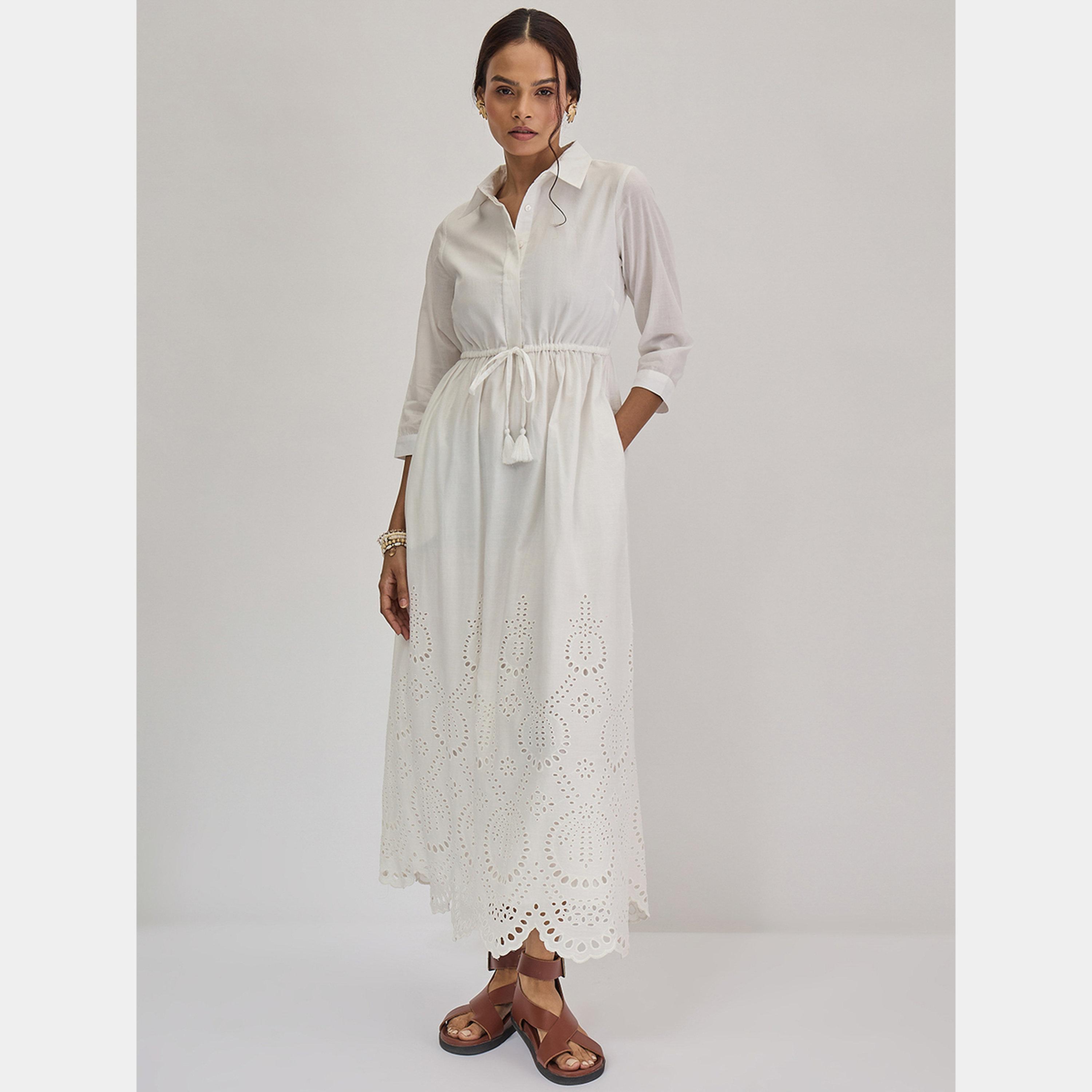 فيميلا - فستان ماكسي أبيض بأكمام ثلاثة أرباع وحاشية من شيفلي للنساء-women-clothing-dresses-image-1