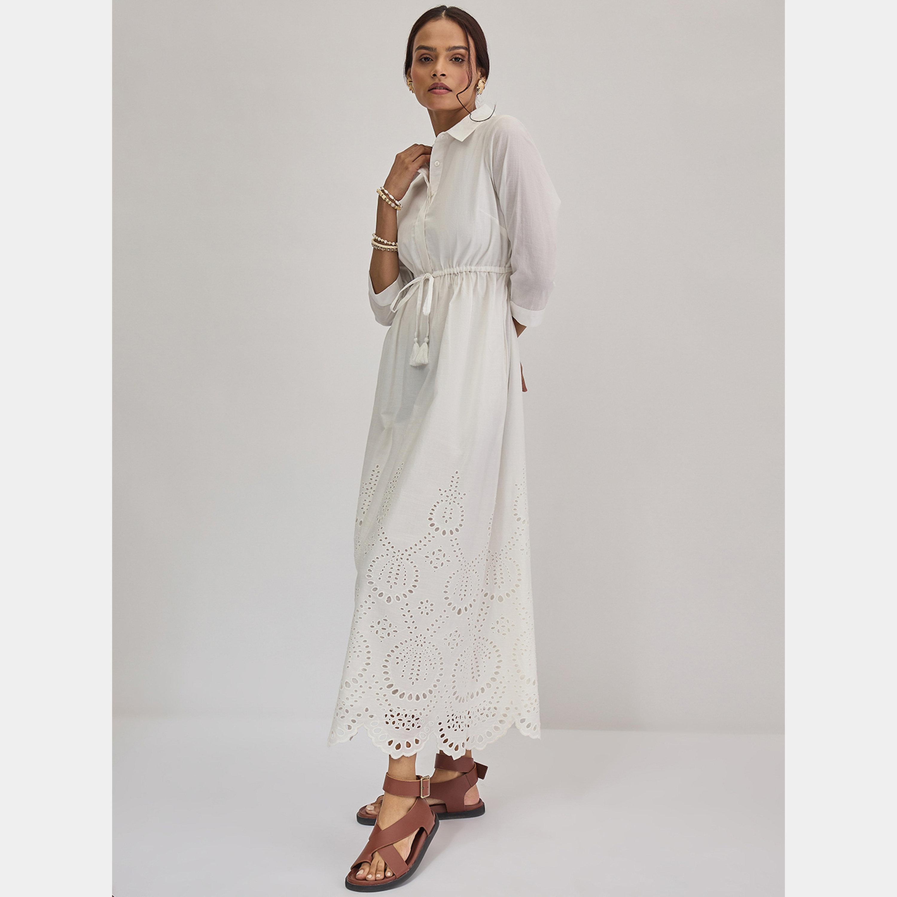 فيميلا - فستان ماكسي أبيض بأكمام ثلاثة أرباع وحاشية من شيفلي للنساء-women-clothing-dresses-image-3