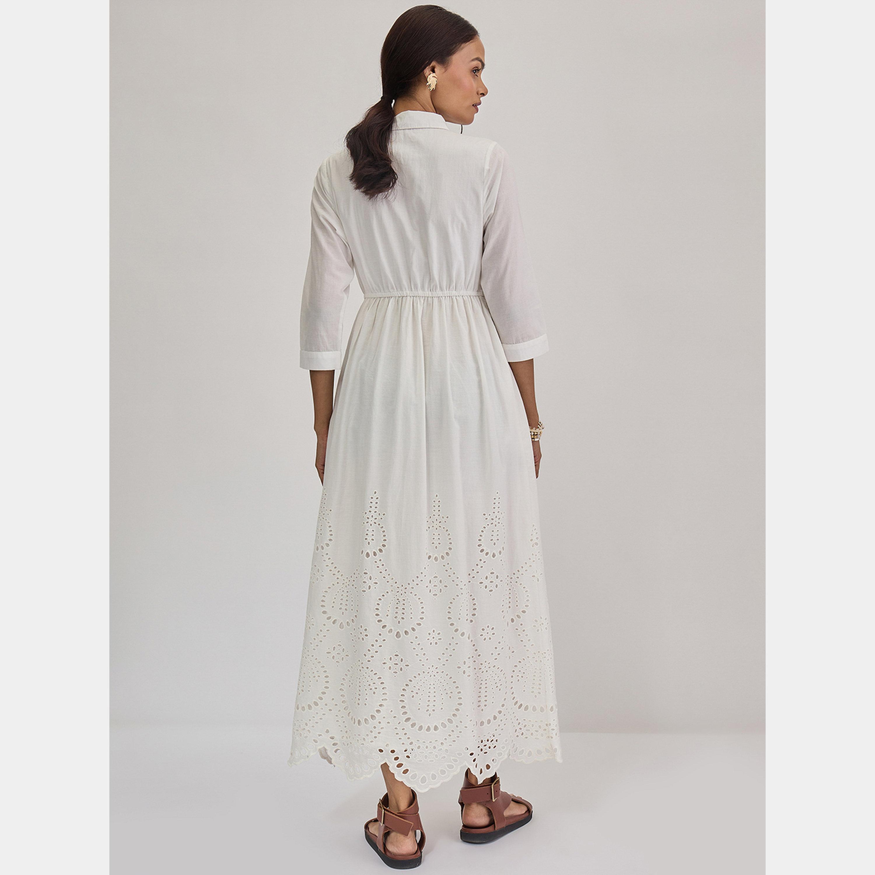 فيميلا - فستان ماكسي أبيض بأكمام ثلاثة أرباع وحاشية من شيفلي للنساء-women-clothing-dresses-image-4