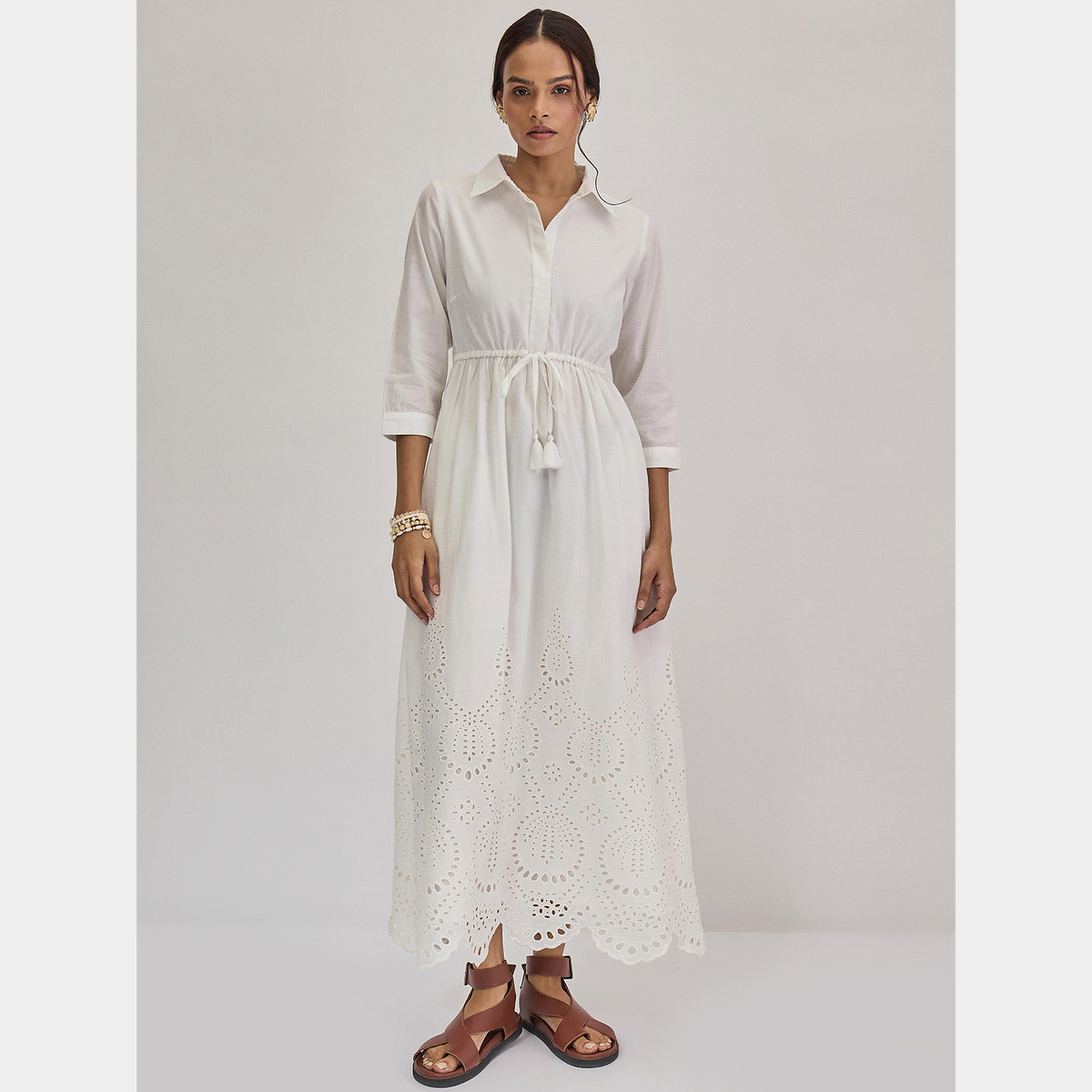 فيميلا - فستان ماكسي أبيض بأكمام ثلاثة أرباع وحاشية من شيفلي للنساء-women-clothing-dresses-image-5