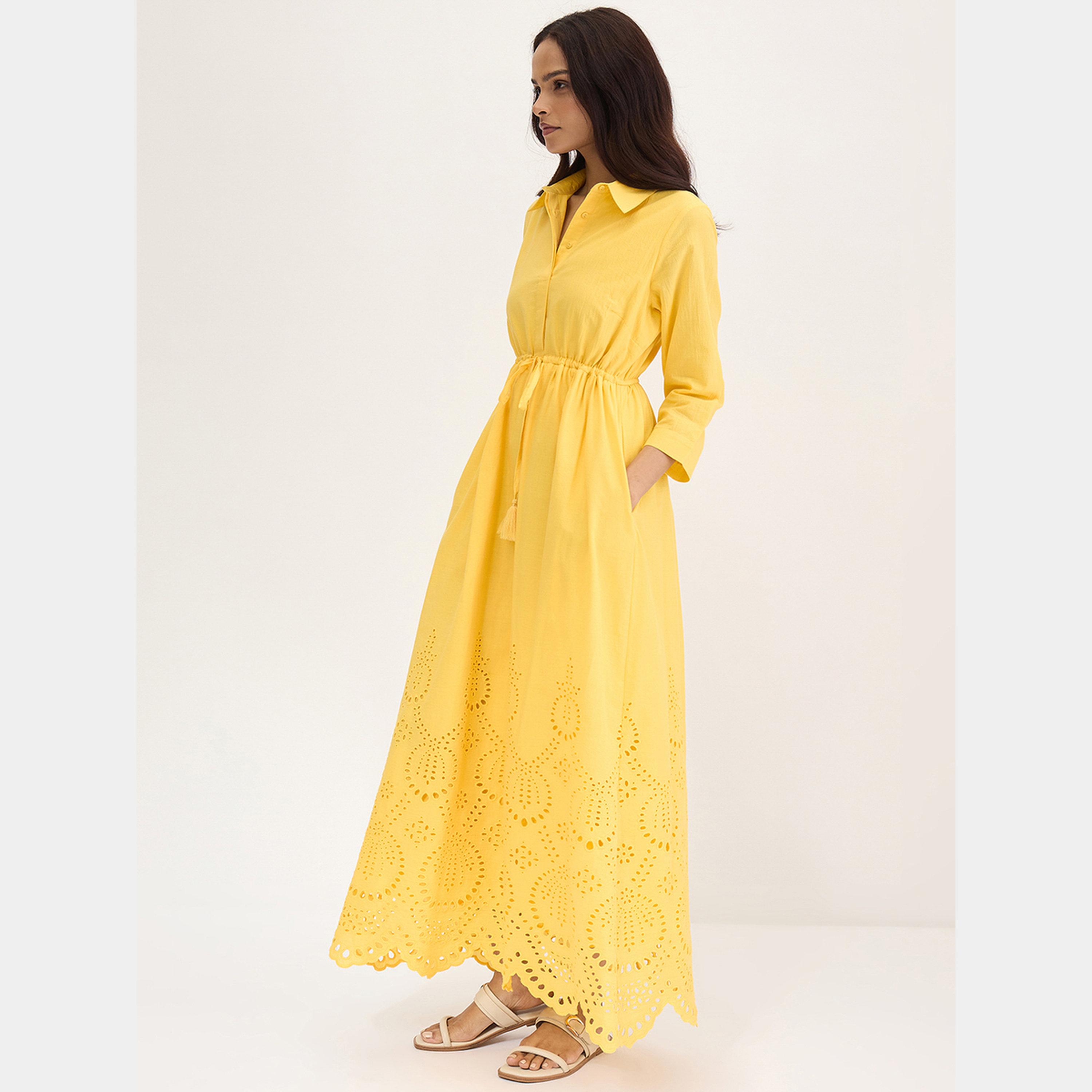 فيميلا - فستان قميص ماكسي أصفر بأكمام ثلاثة أرباع وحاشية شيفلي للنساء-women-clothing-dresses-image-2