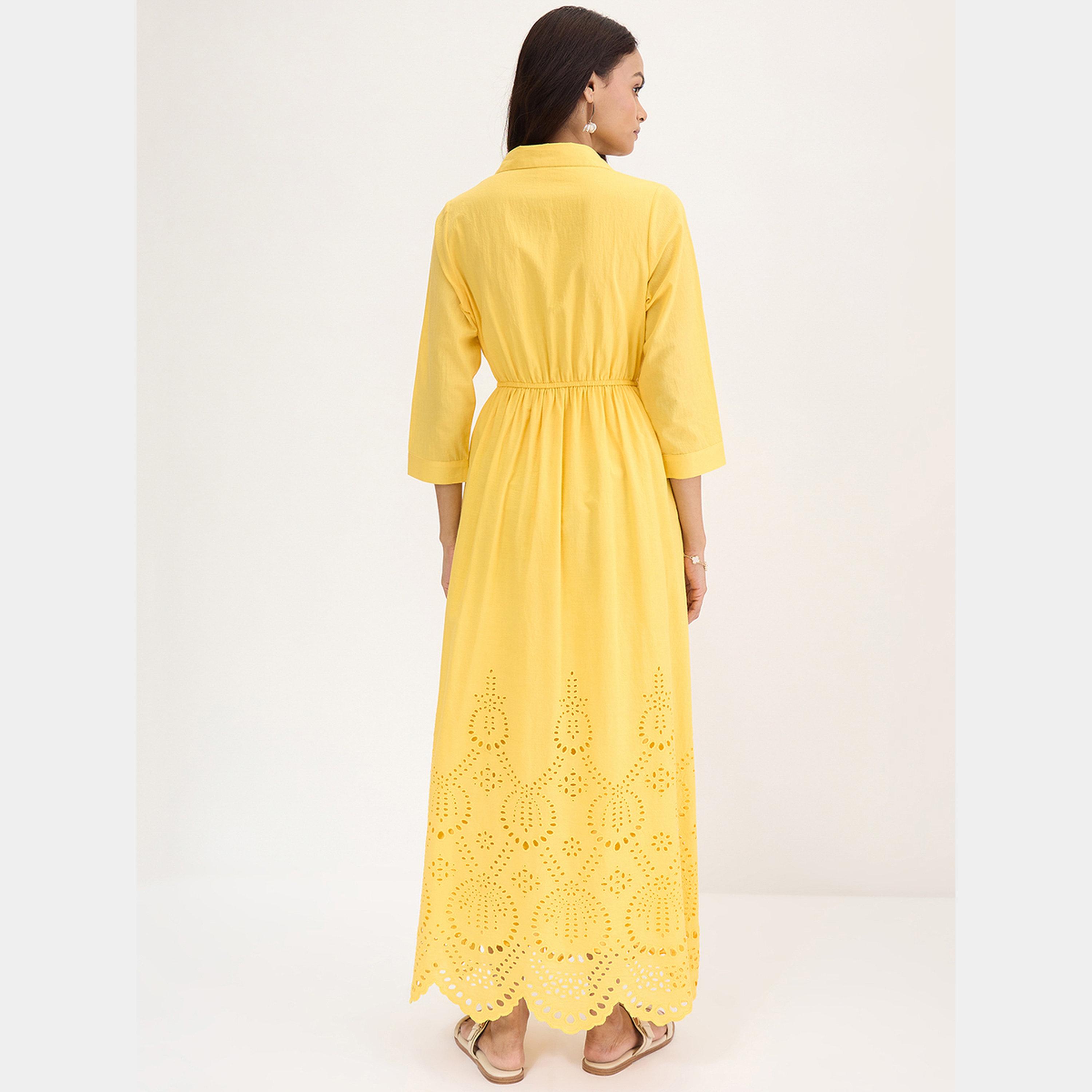 فيميلا - فستان قميص ماكسي أصفر بأكمام ثلاثة أرباع وحاشية شيفلي للنساء-women-clothing-dresses-image-3