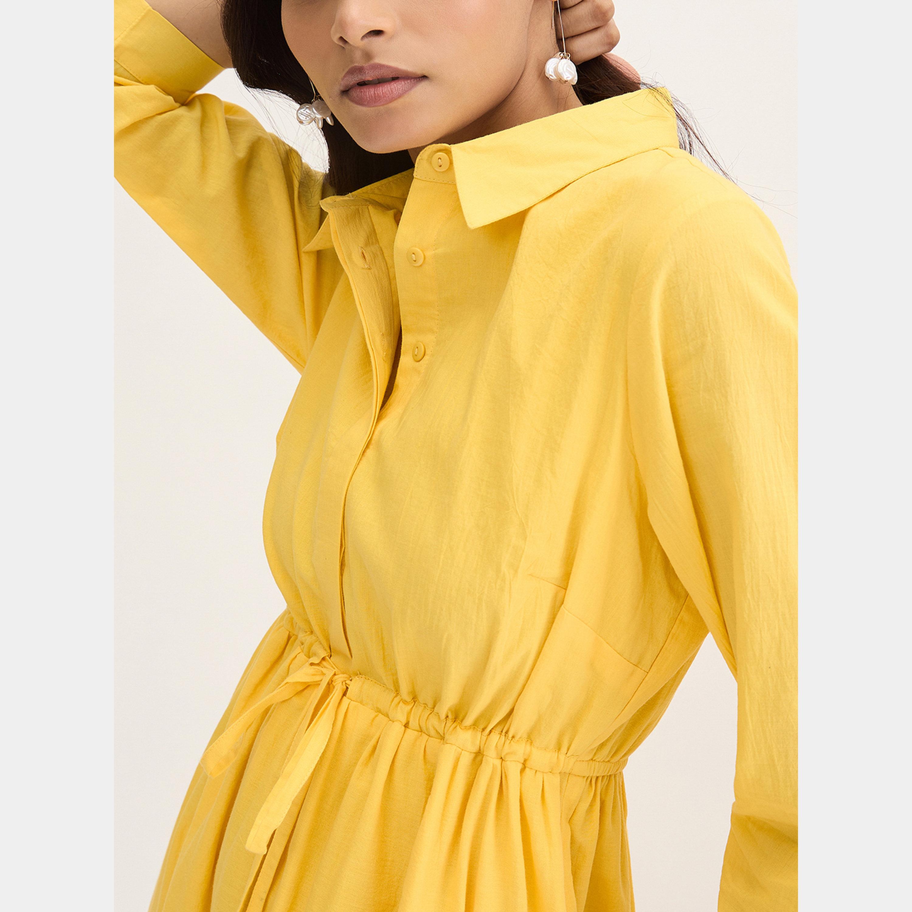 فيميلا - فستان قميص ماكسي أصفر بأكمام ثلاثة أرباع وحاشية شيفلي للنساء-women-clothing-dresses-image-4