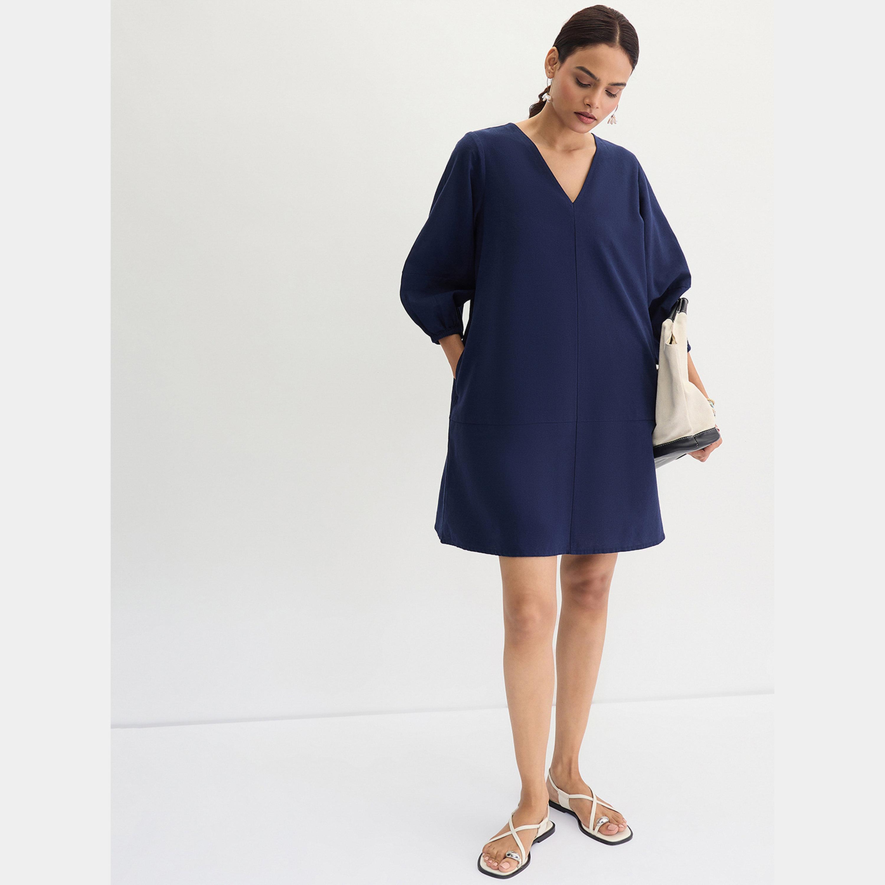Femmella Navy Solid V-Neck 3/4 Sleeves Women's Cotton Linen A-line Mini Dress-women-clothing-dresses-image-2