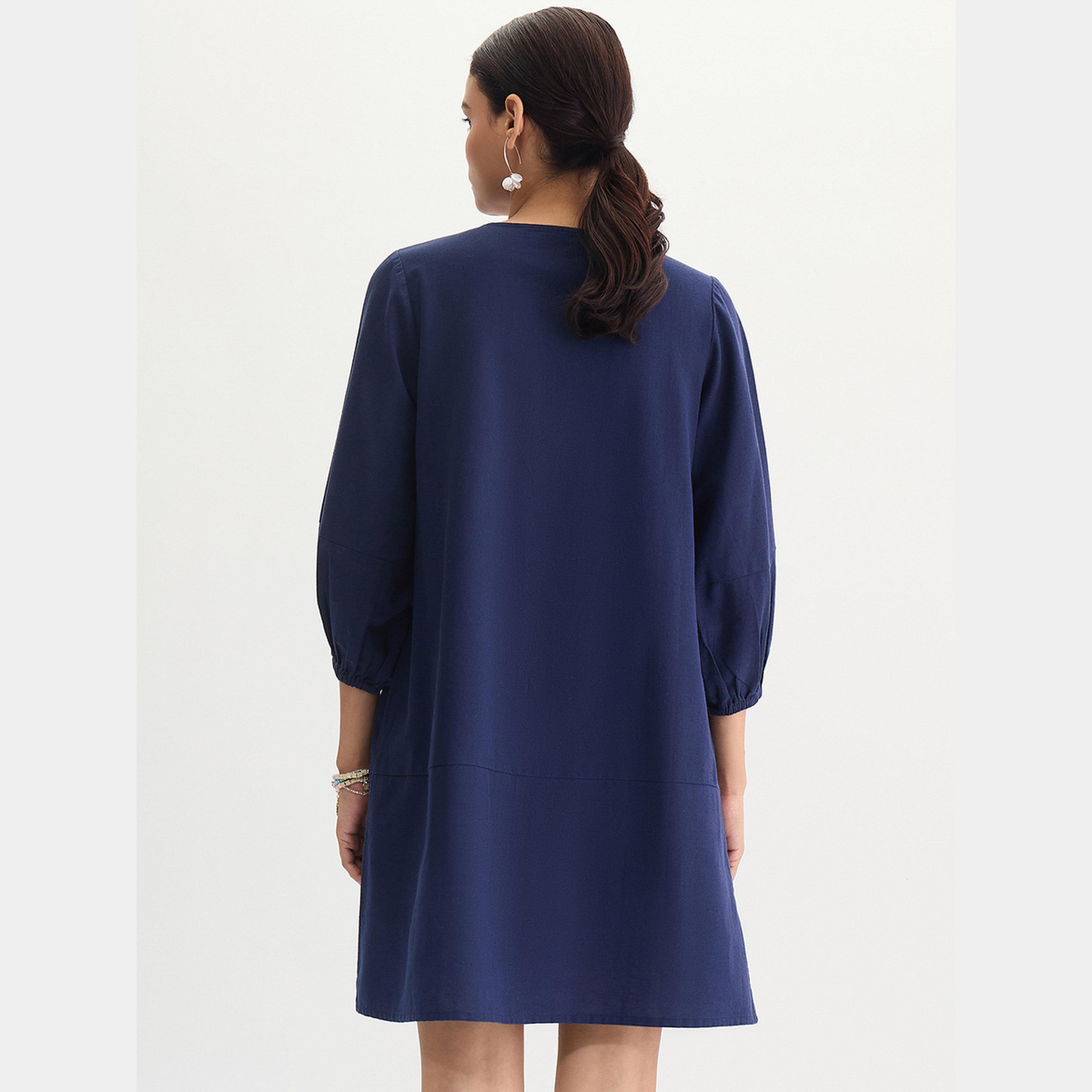Femmella Navy Solid V-Neck 3/4 Sleeves Women's Cotton Linen A-line Mini Dress-women-clothing-dresses-image-3