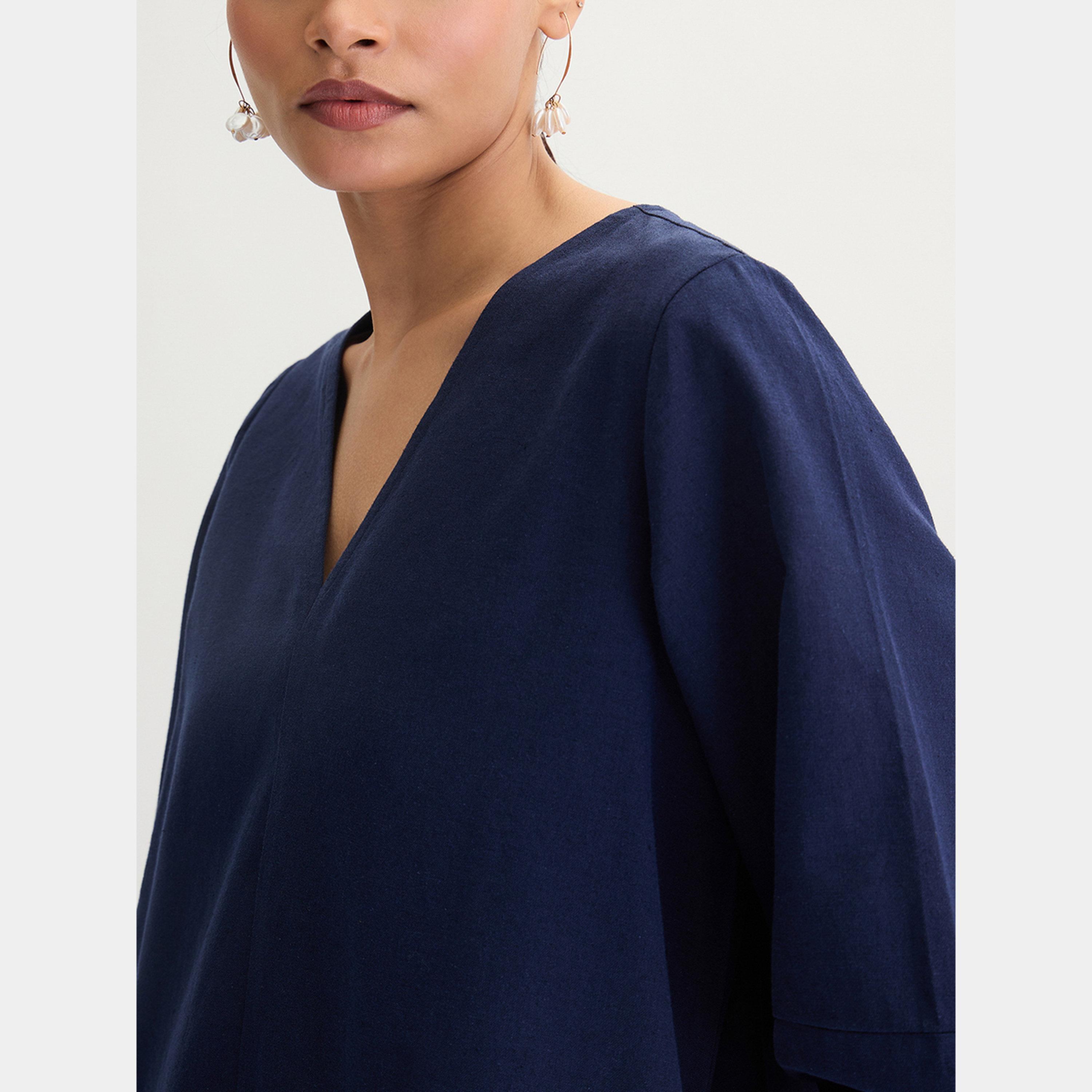 Femmella Navy Solid V-Neck 3/4 Sleeves Women's Cotton Linen A-line Mini Dress-women-clothing-dresses-image-4