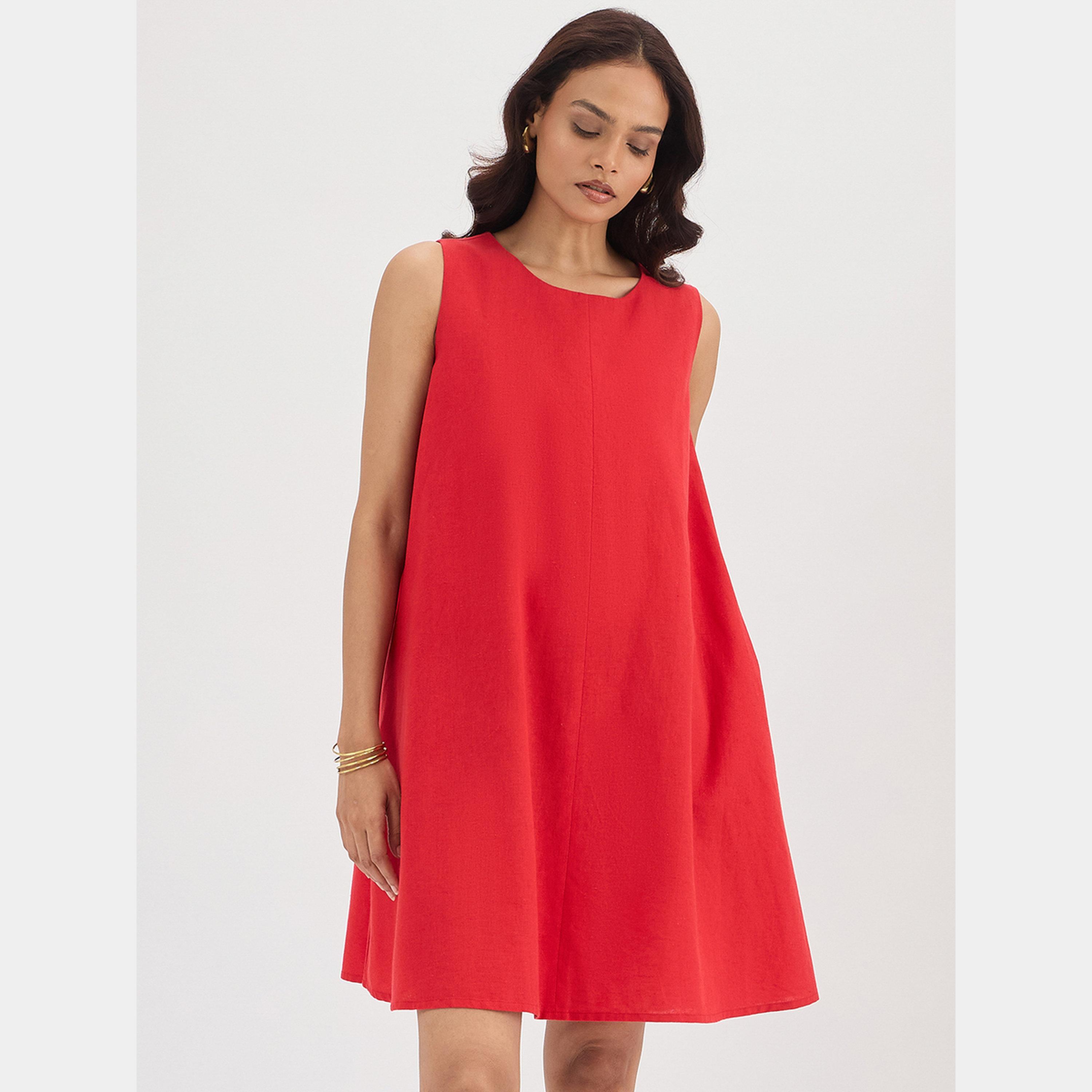 فيميلا - فستان قصير أحمر سادة بدون أكمام ورقبة دائرية للنساء من مزيج الكتان حرف A-women-clothing-dresses-image-1