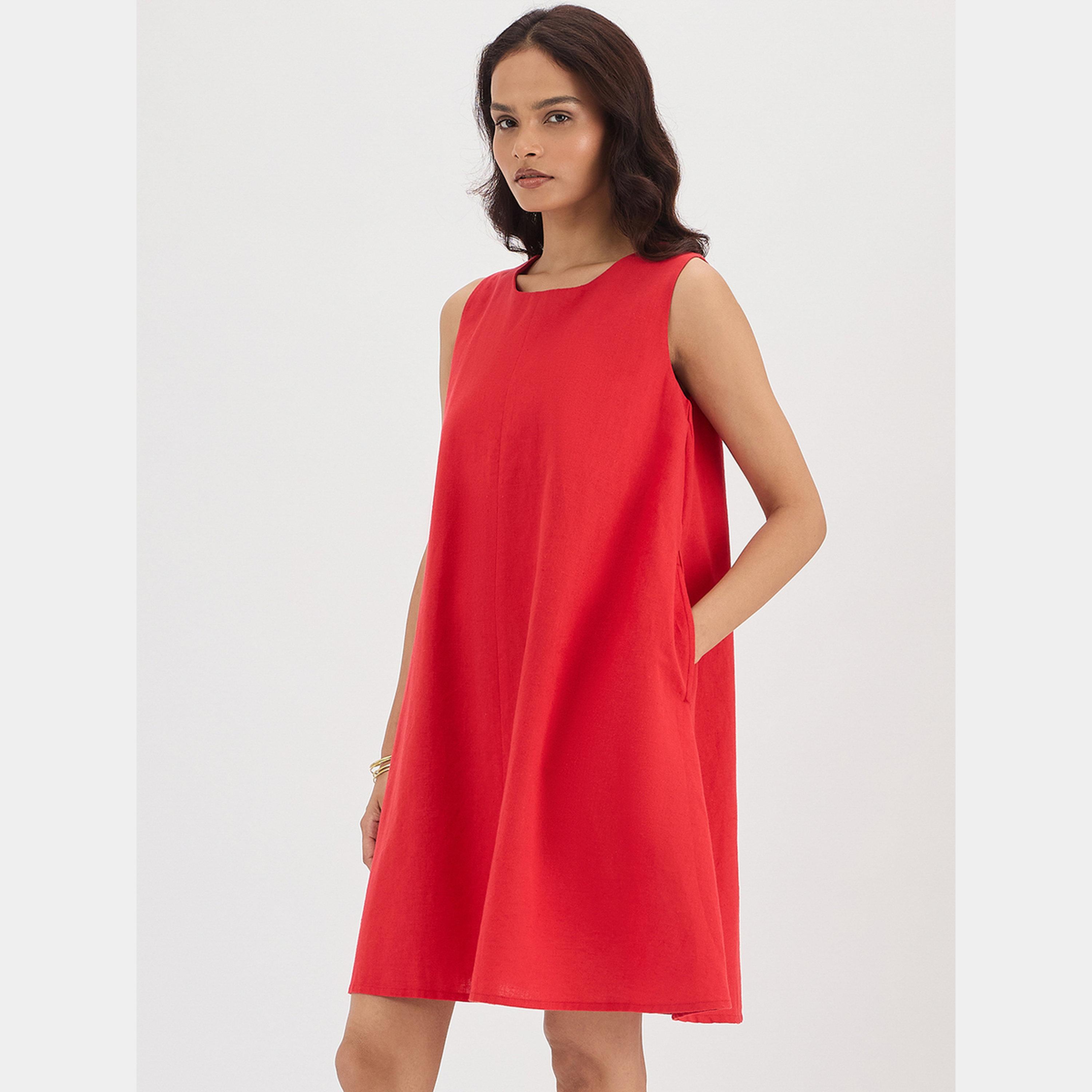 فيميلا - فستان قصير أحمر سادة بدون أكمام ورقبة دائرية للنساء من مزيج الكتان حرف A-women-clothing-dresses-image-3