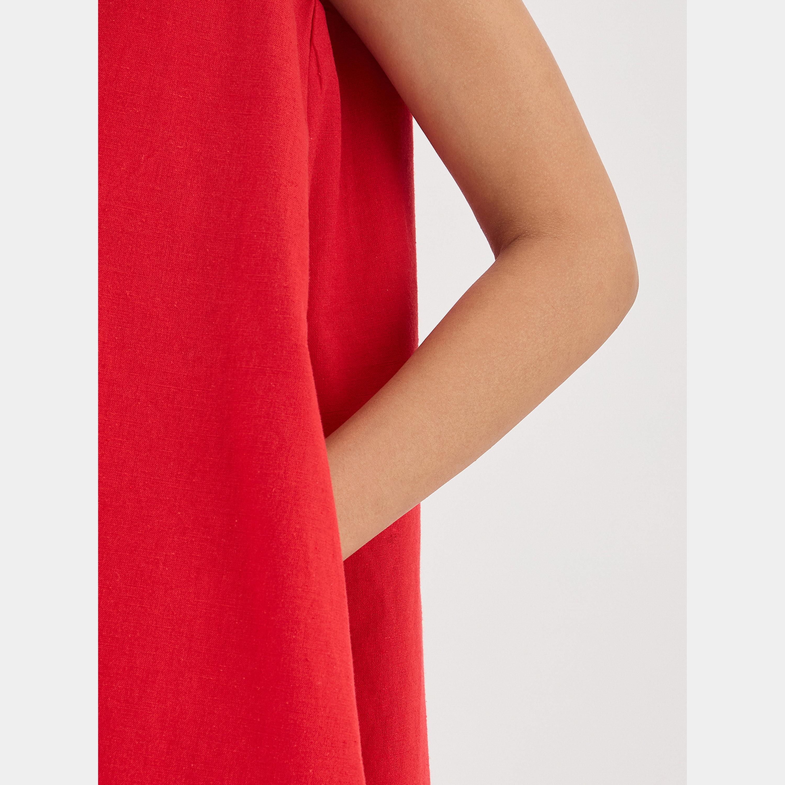 فيميلا - فستان قصير أحمر سادة بدون أكمام ورقبة دائرية للنساء من مزيج الكتان حرف A-women-clothing-dresses-image-5