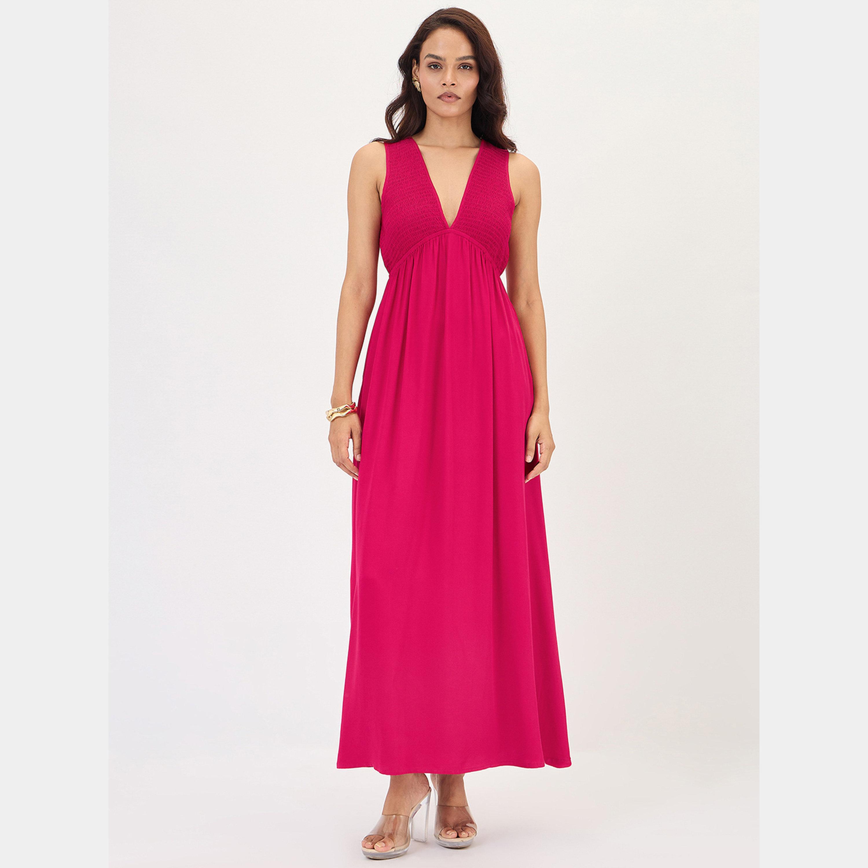 Femmella Hot Pink Smocked Plunge Neck Sleeveless Women's Maxi Dress-women-clothing-dresses-image-1
