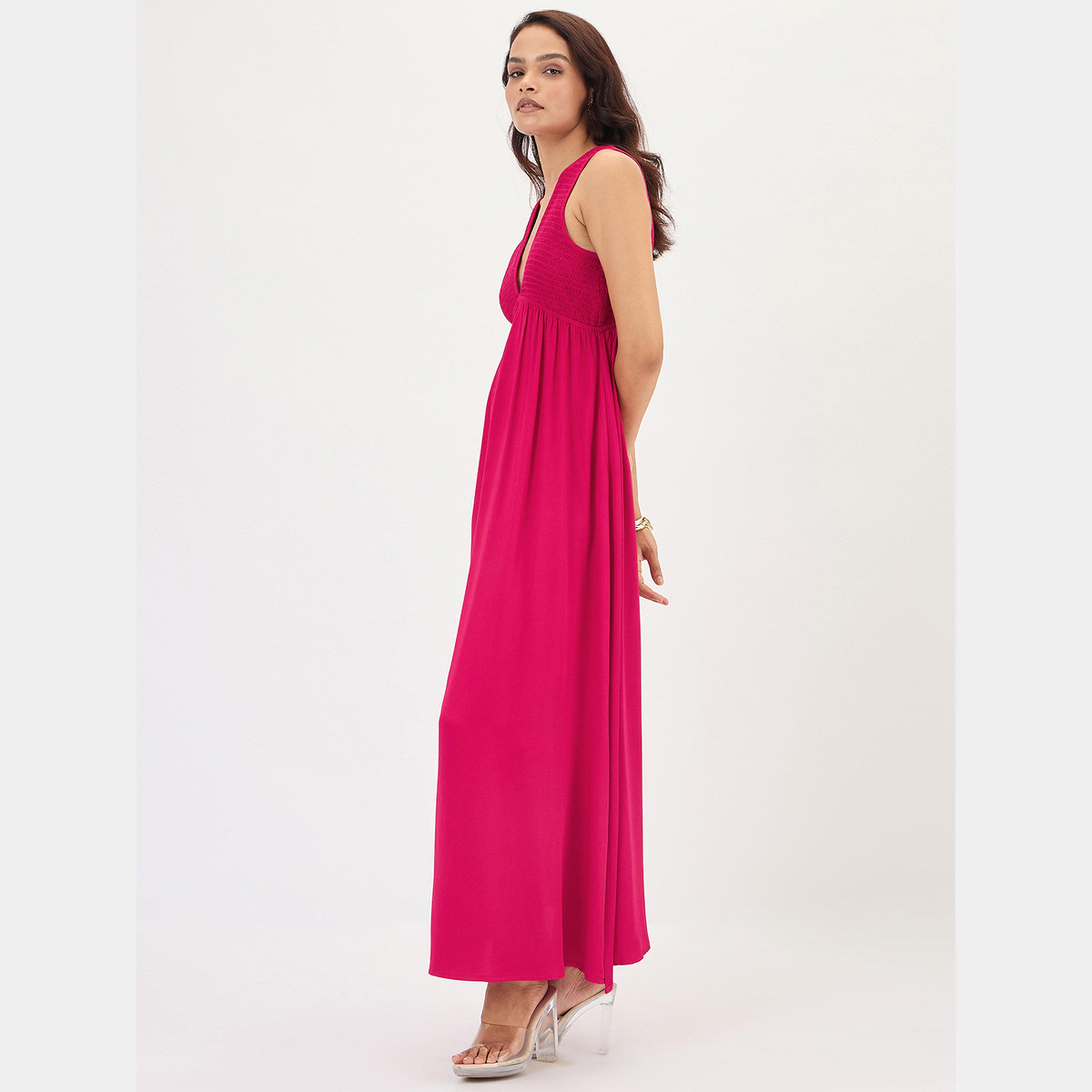 Femmella Hot Pink Smocked Plunge Neck Sleeveless Women's Maxi Dress-women-clothing-dresses-image-2
