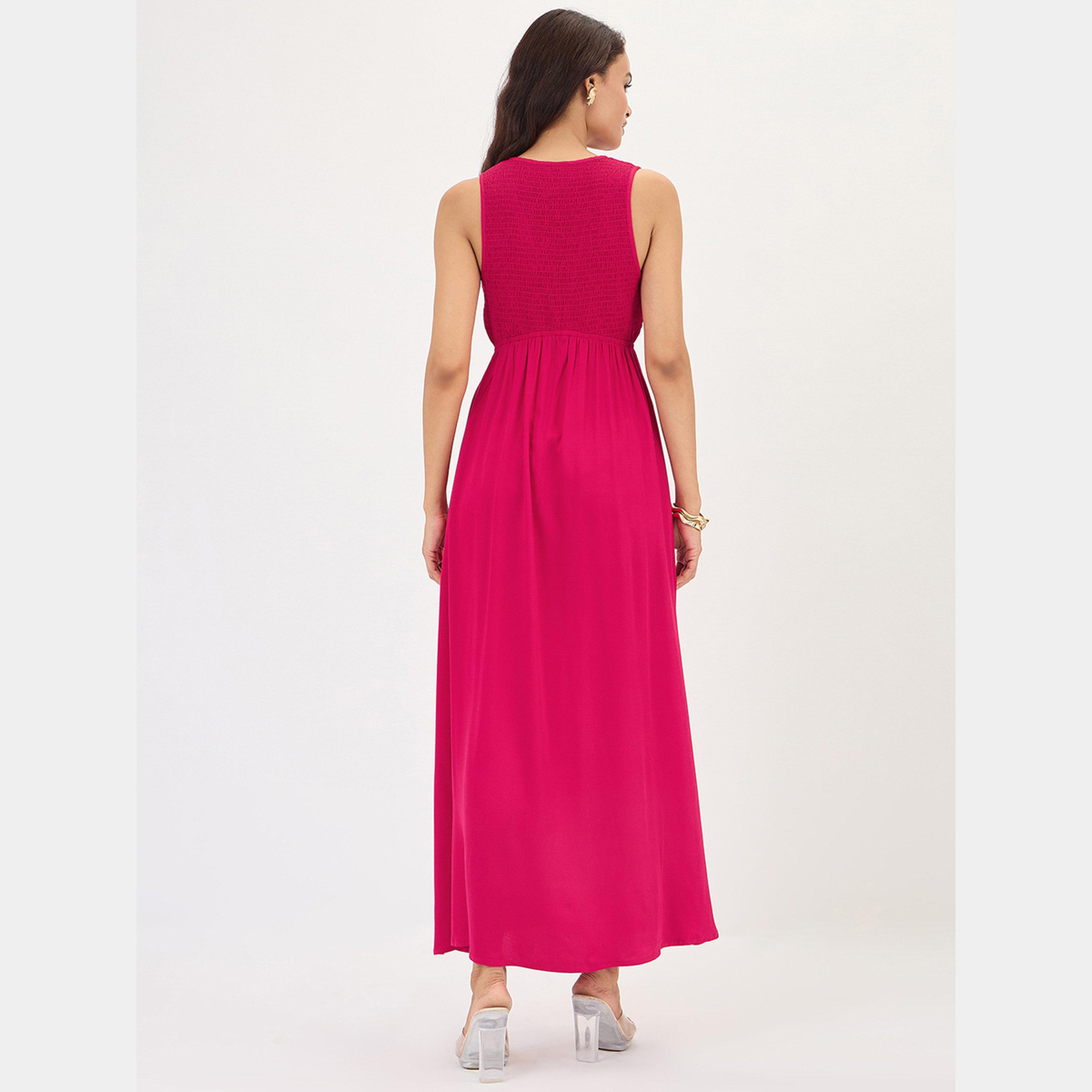 Femmella Hot Pink Smocked Plunge Neck Sleeveless Women's Maxi Dress-women-clothing-dresses-image-3
