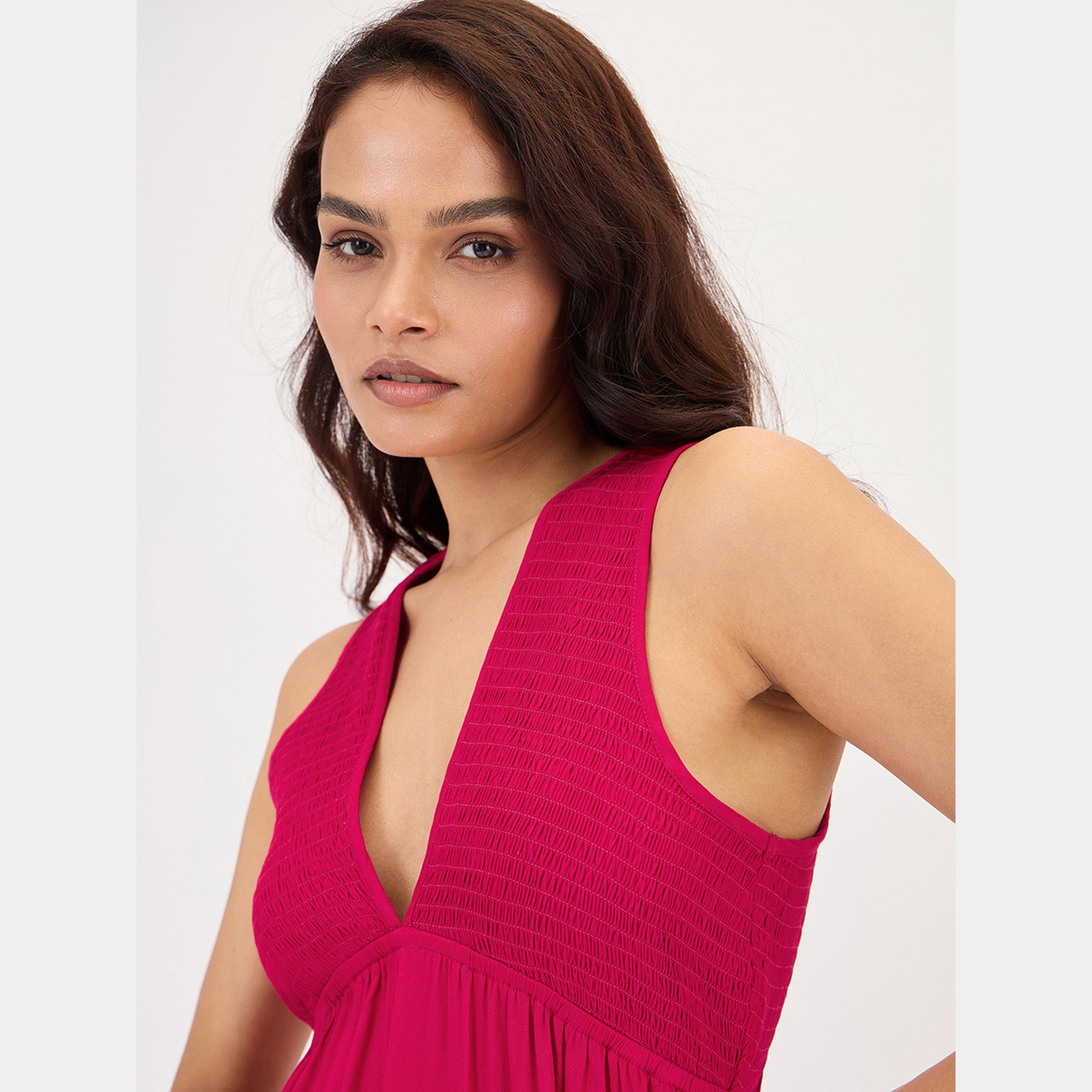 Femmella Hot Pink Smocked Plunge Neck Sleeveless Women's Maxi Dress-women-clothing-dresses-image-4