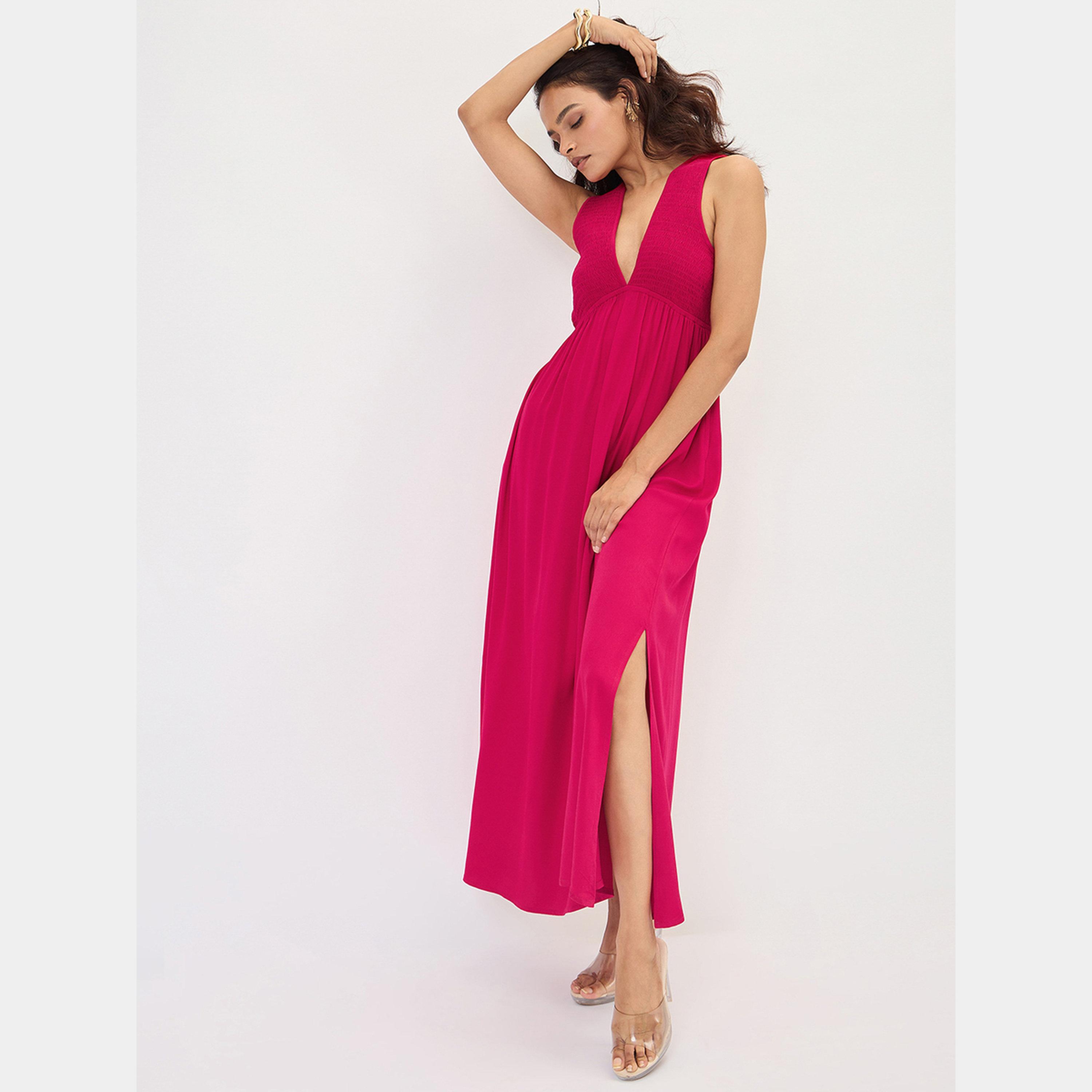Femmella Hot Pink Smocked Plunge Neck Sleeveless Women's Maxi Dress-women-clothing-dresses-image-5
