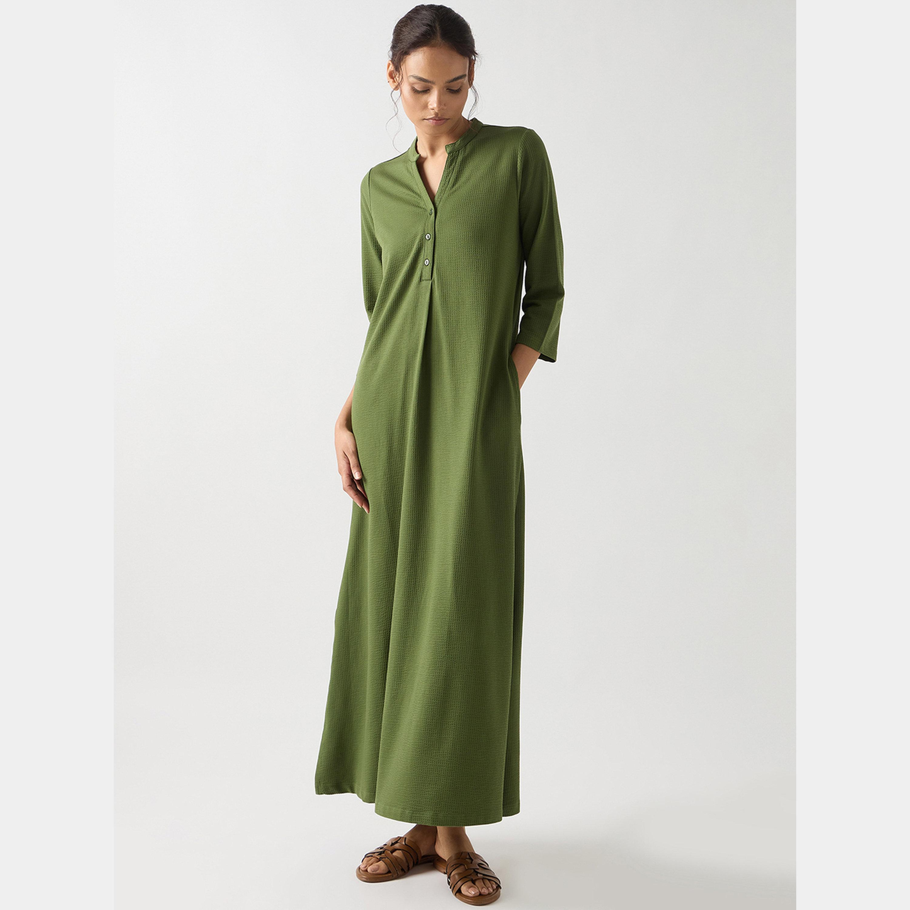 Femmella Green Textured Mandarin 3/4 Sleeves Cotton Women's Knit Maxi Dress with Slit-women-clothing-dresses-image-1