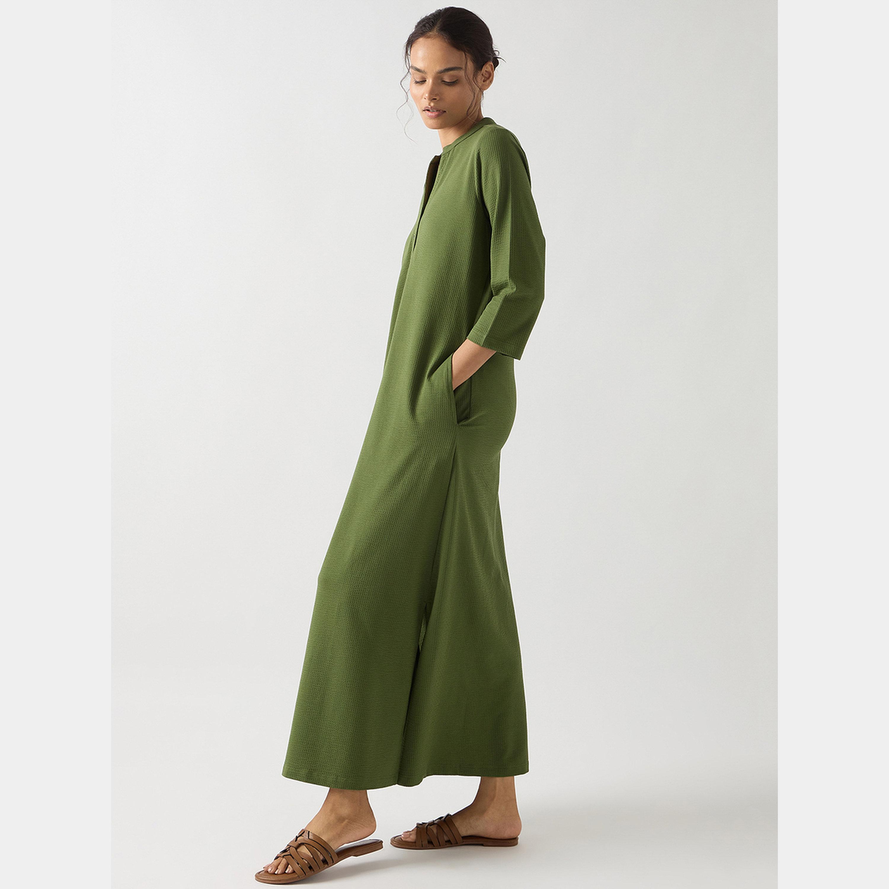 Femmella Green Textured Mandarin 3/4 Sleeves Cotton Women's Knit Maxi Dress with Slit-women-clothing-dresses-image-2